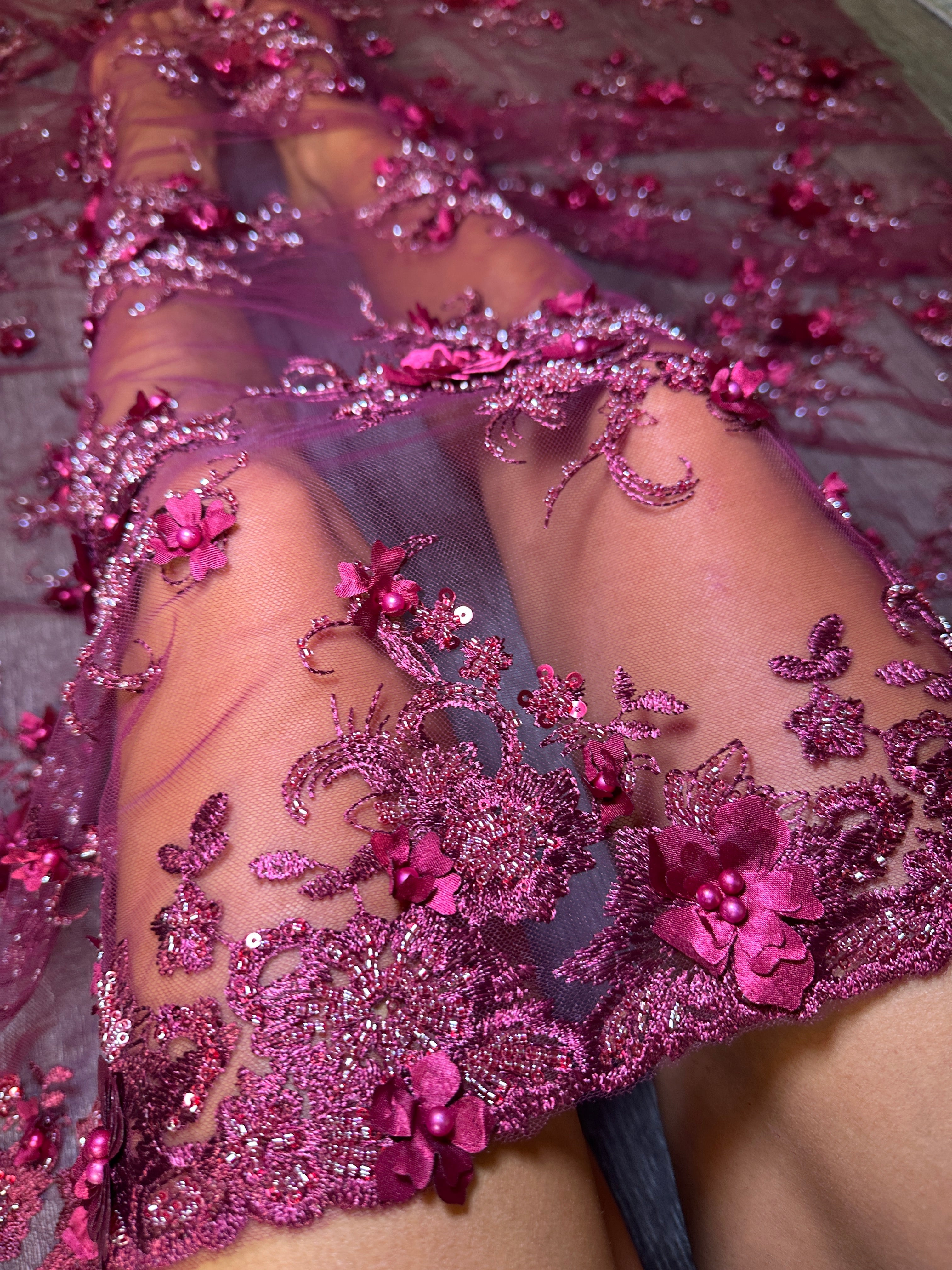 Burgundy 3D Floral Embroidered Beaded Tulle Lace, Fabric Store, Sewing Store, Cheap Fabric Store, Kiki Textiles, Textile by the Yard
