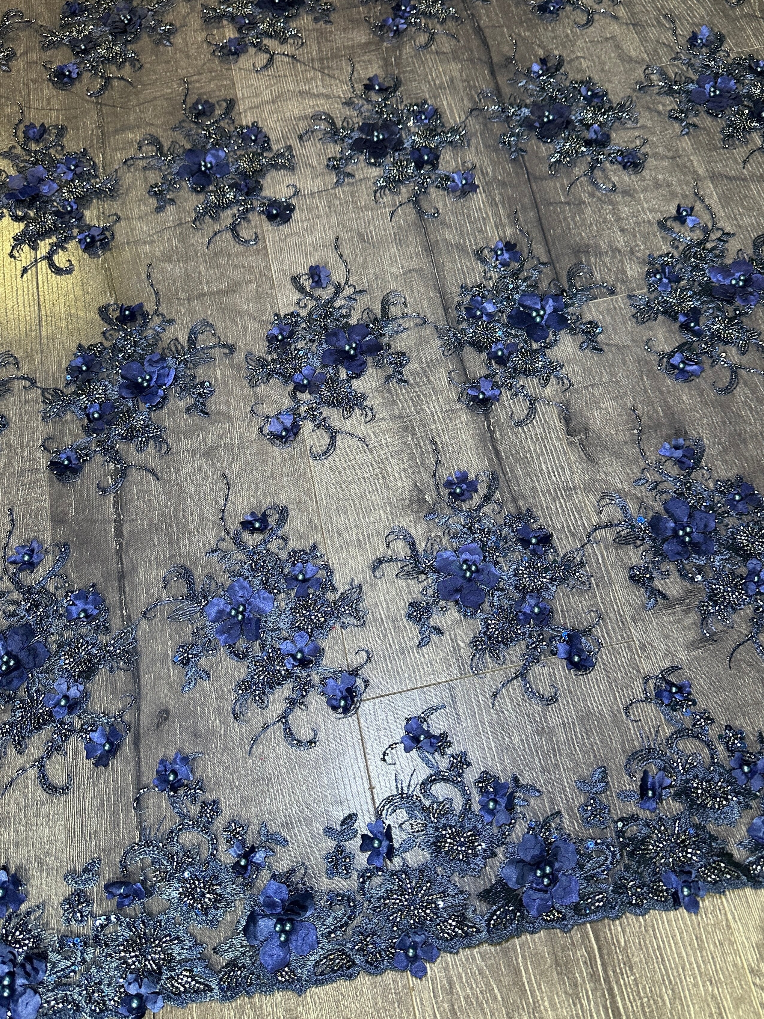 Navy 3D Floral Embroidered Beaded Tulle Lace, Fabric Store, Sewing Store, Cheap Fabric Store, Kiki Textiles, Textile by the Yard