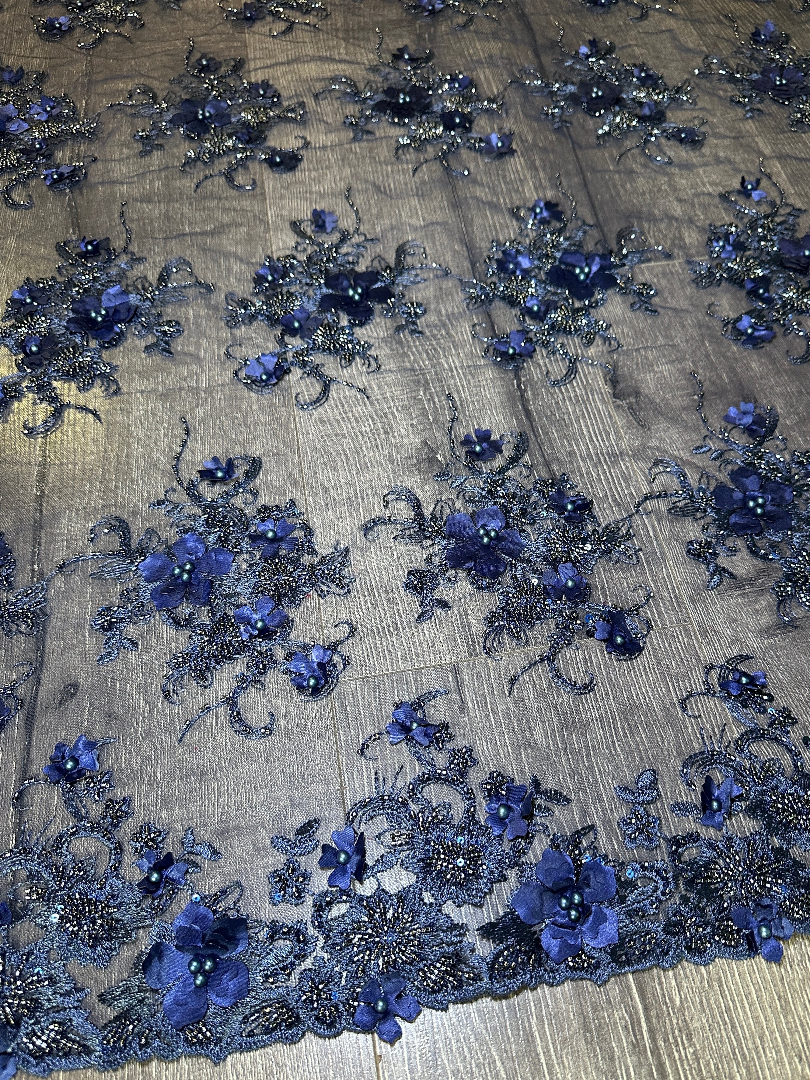 Navy 3D Floral Embroidered Beaded Tulle Lace, Embroidered Lace, Beaded Tulle Lace, Tulle for Wedding Dress, Pearl Material, Tulle Fabric, Tulle Lace Dress Woman
