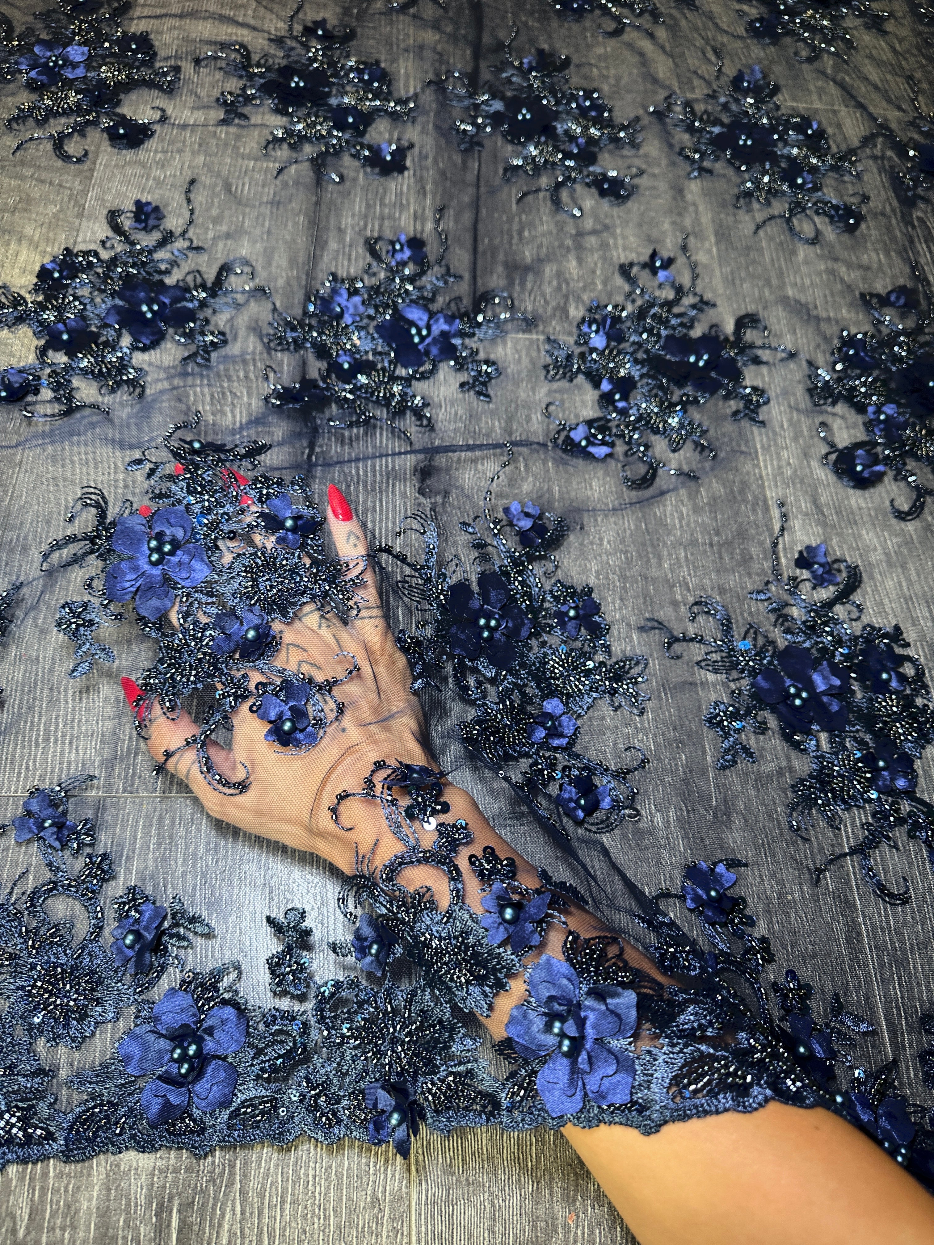 Navy 3D Floral Embroidered Beaded Tulle Lace, Embroidered Lace, Beaded Tulle Lace, Tulle for Wedding Dress, Pearl Material, Tulle Fabric, Tulle Lace Dress Woman
