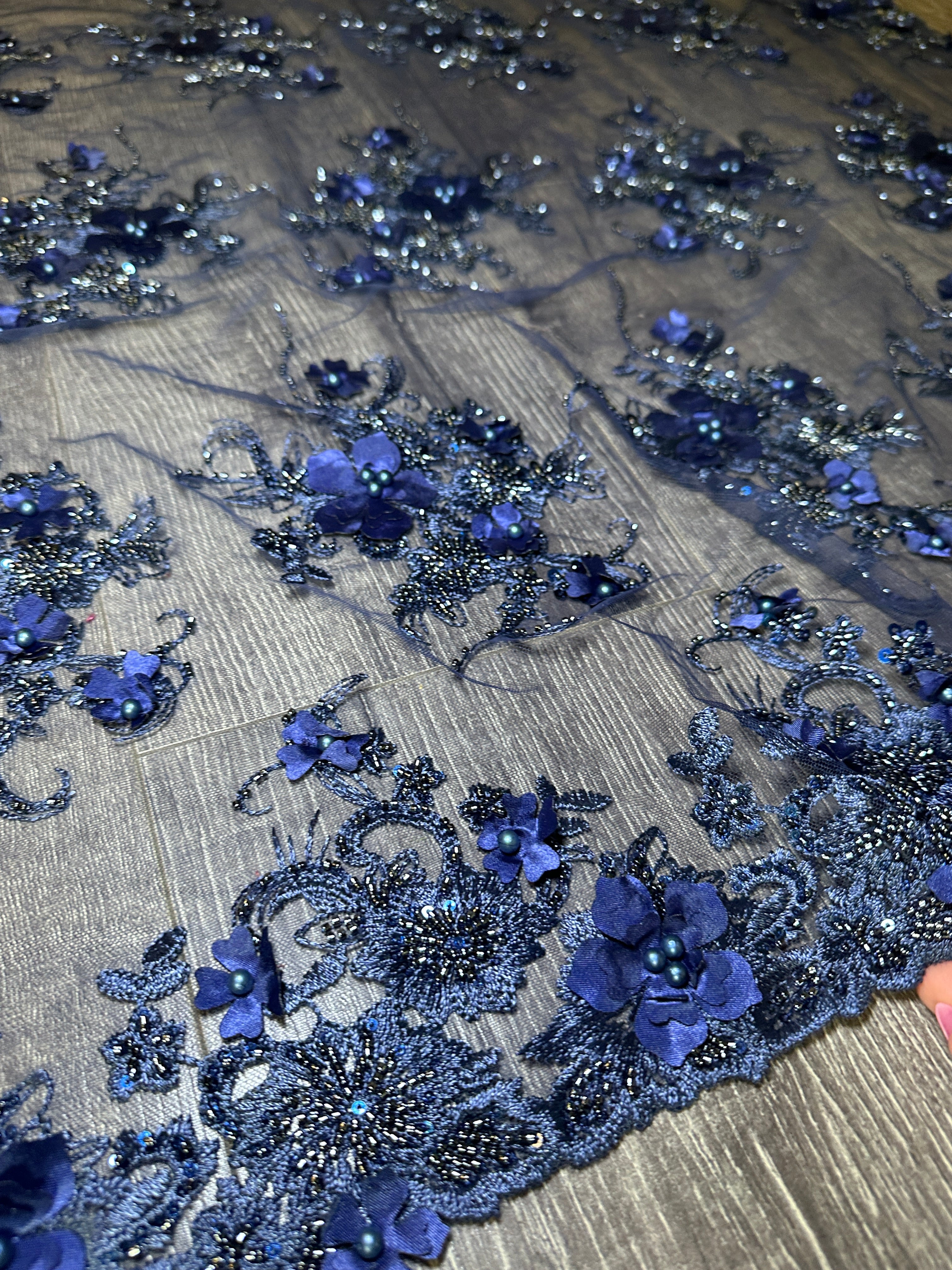 Navy 3D Floral Embroidered Beaded Tulle Lace, Embroidered Lace, Beaded Tulle Lace, Tulle for Wedding Dress, Pearl Material, Tulle Fabric, Tulle Lace Dress Woman