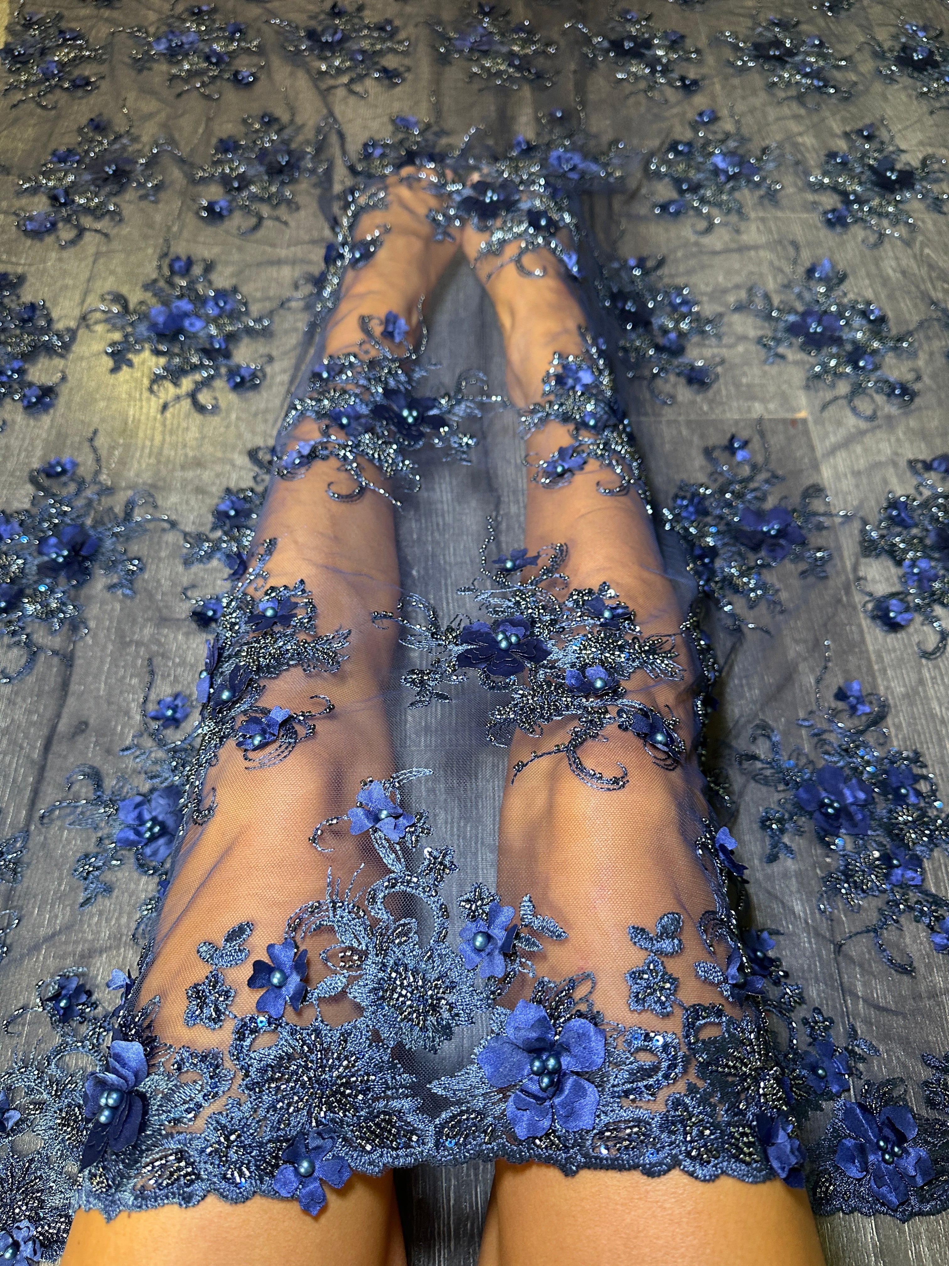 Navy 3D Floral Embroidered Beaded Tulle Lace, Embroidered Lace, Beaded Tulle Lace, Tulle for Wedding Dress, Pearl Material, Tulle Fabric, Tulle Lace Dress Woman