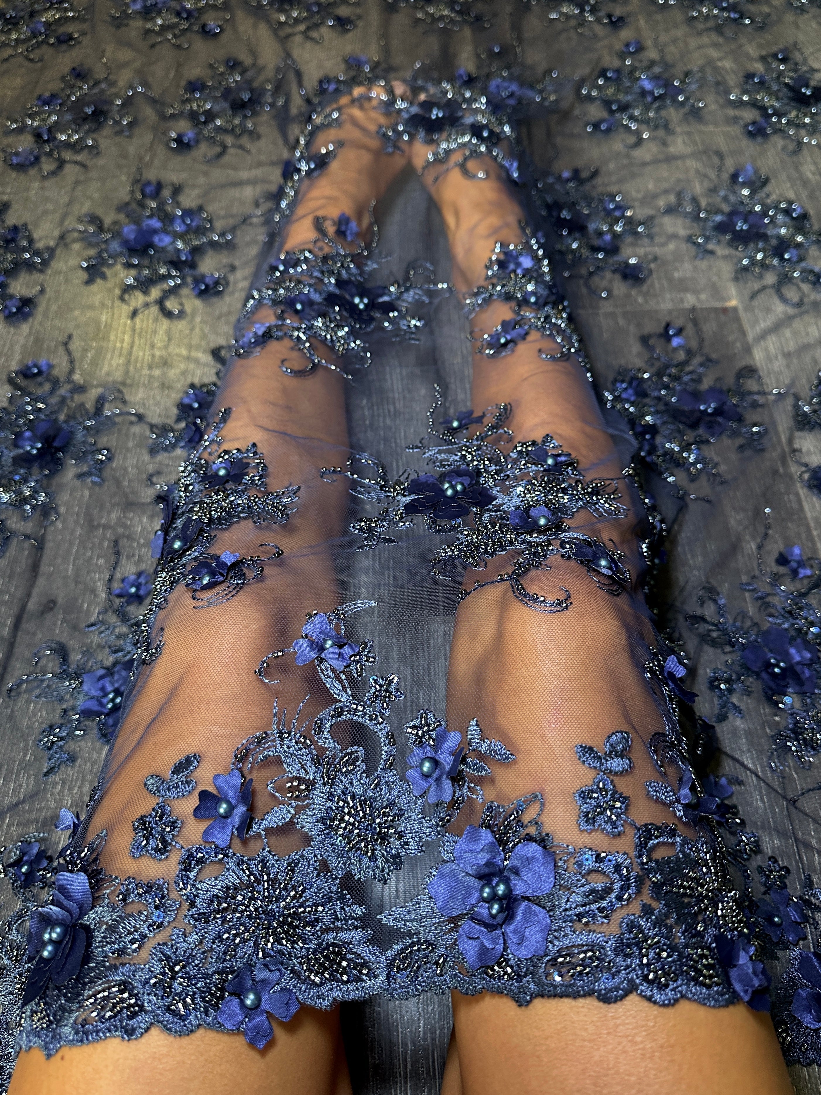 Navy 3D Floral Embroidered Beaded Tulle Lace, Fabric Store, Sewing Store, Cheap Fabric Store, Kiki Textiles, Textile by the Yard