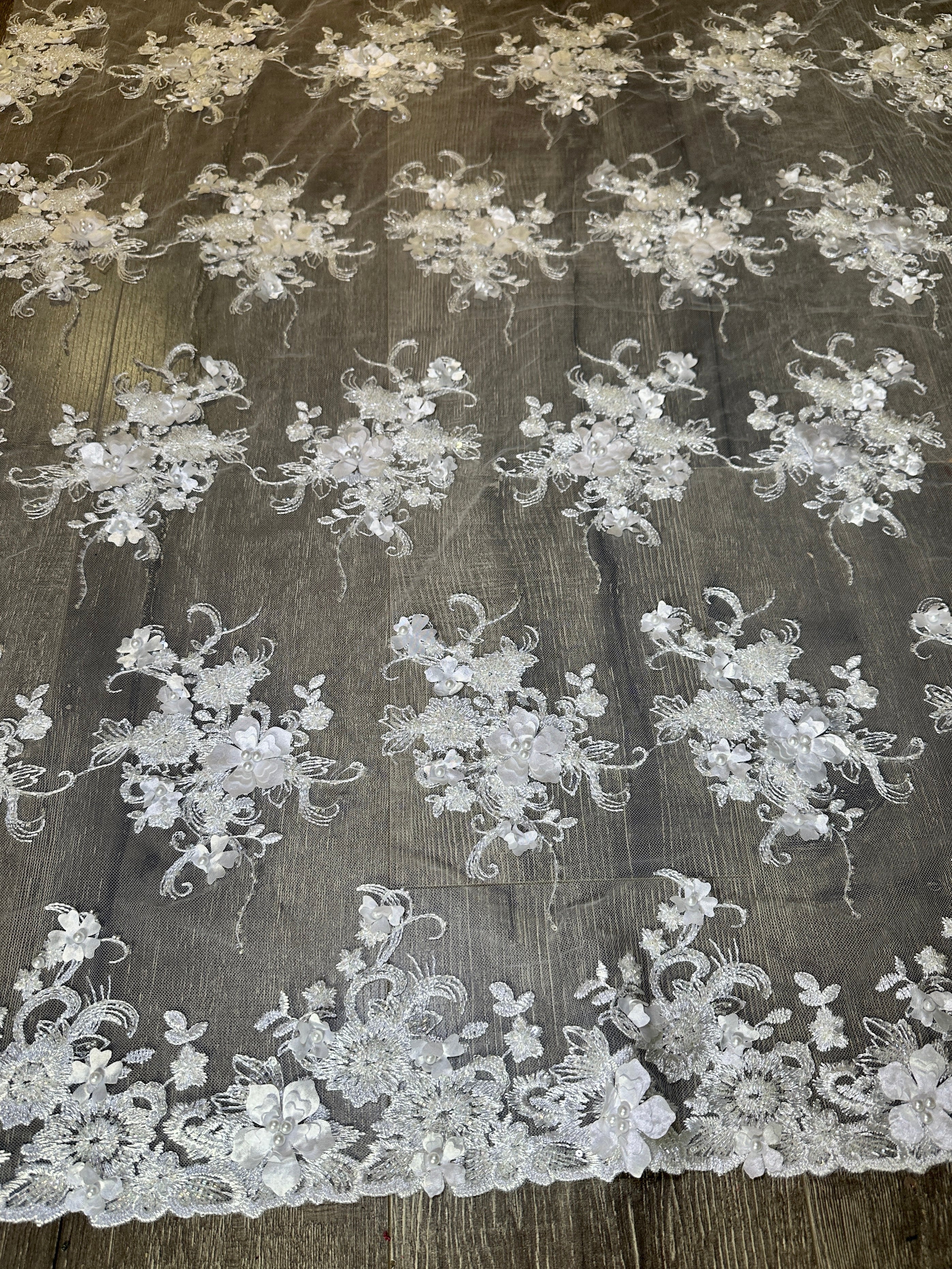 Off White 3D Floral Embroidered Beaded Tulle Lace, Embroidered Lace, Beaded Tulle Lace, Tulle for Wedding Dress, Pearl Material, Tulle Fabric, Tulle Lace Dress Woman