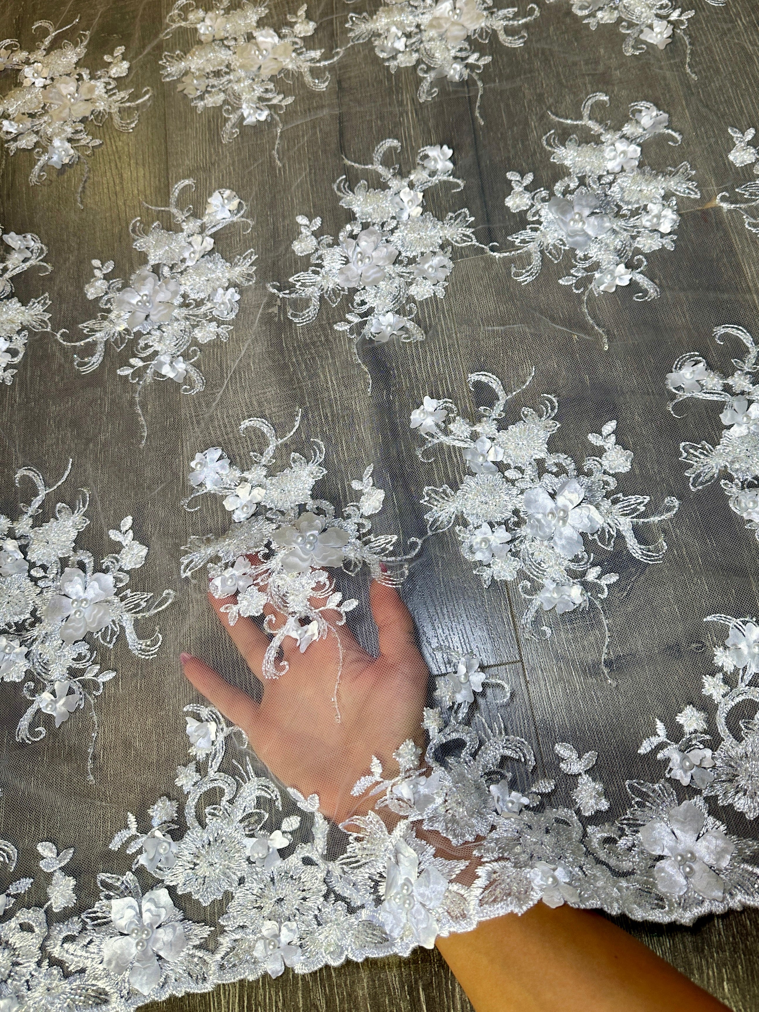 Off White 3D Floral Embroidered Beaded Tulle Lace, Embroidered Lace, Beaded Tulle Lace, Tulle for Wedding Dress, Pearl Material, Tulle Fabric, Tulle Lace Dress Woman