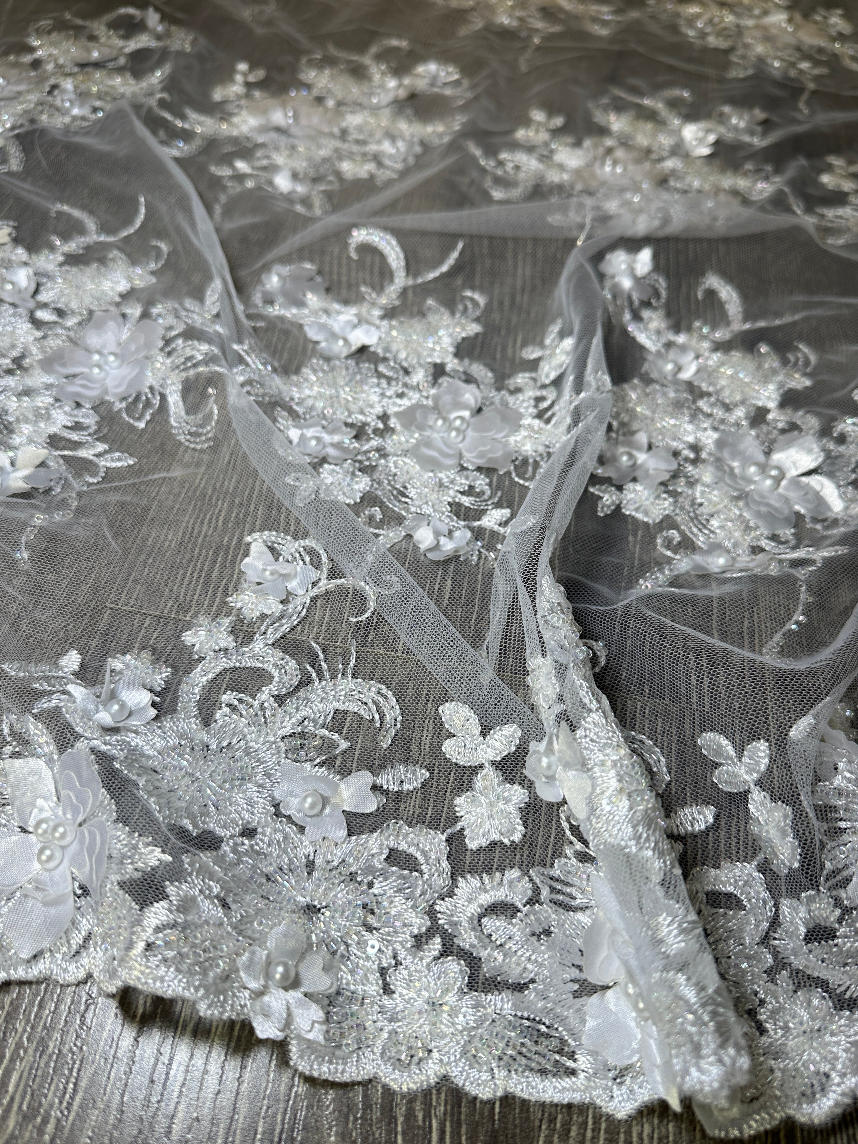 Off White 3D Floral Embroidered Beaded Tulle Lace, Fabric Store, Sewing Store, Cheap Fabric Store, Kiki Textiles, Textile by the Yard