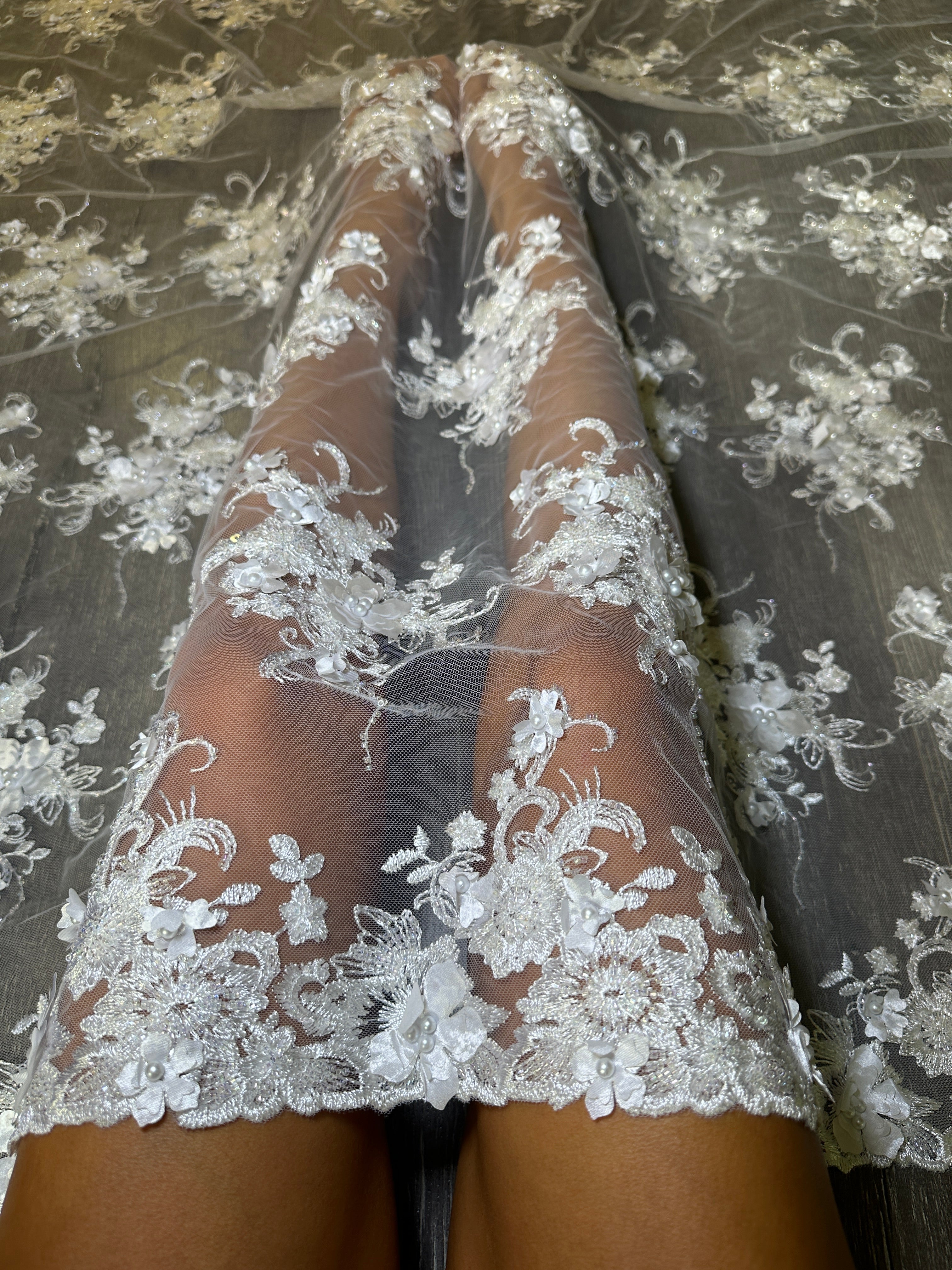Off White 3D Floral Embroidered Beaded Tulle Lace, Fabric Store, Sewing Store, Cheap Fabric Store, Kiki Textiles, Textile by the Yard