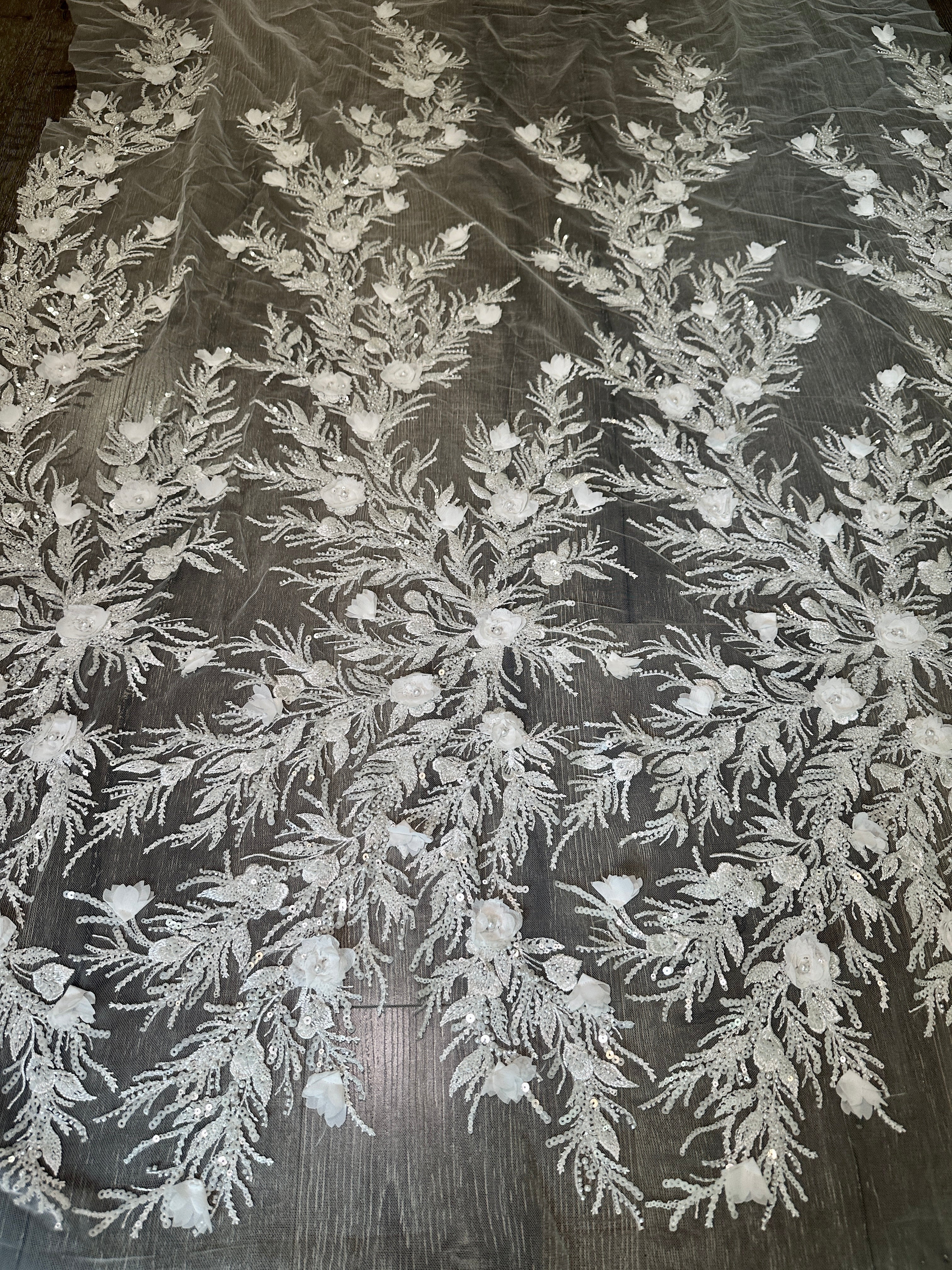 White 3D Floral Branch Sequin Beaded Lace, White Lace Mesh, Beaded sequin lace, nude lace mesh, Glitter Lace, Seed beads lace, Lace mesh on discount