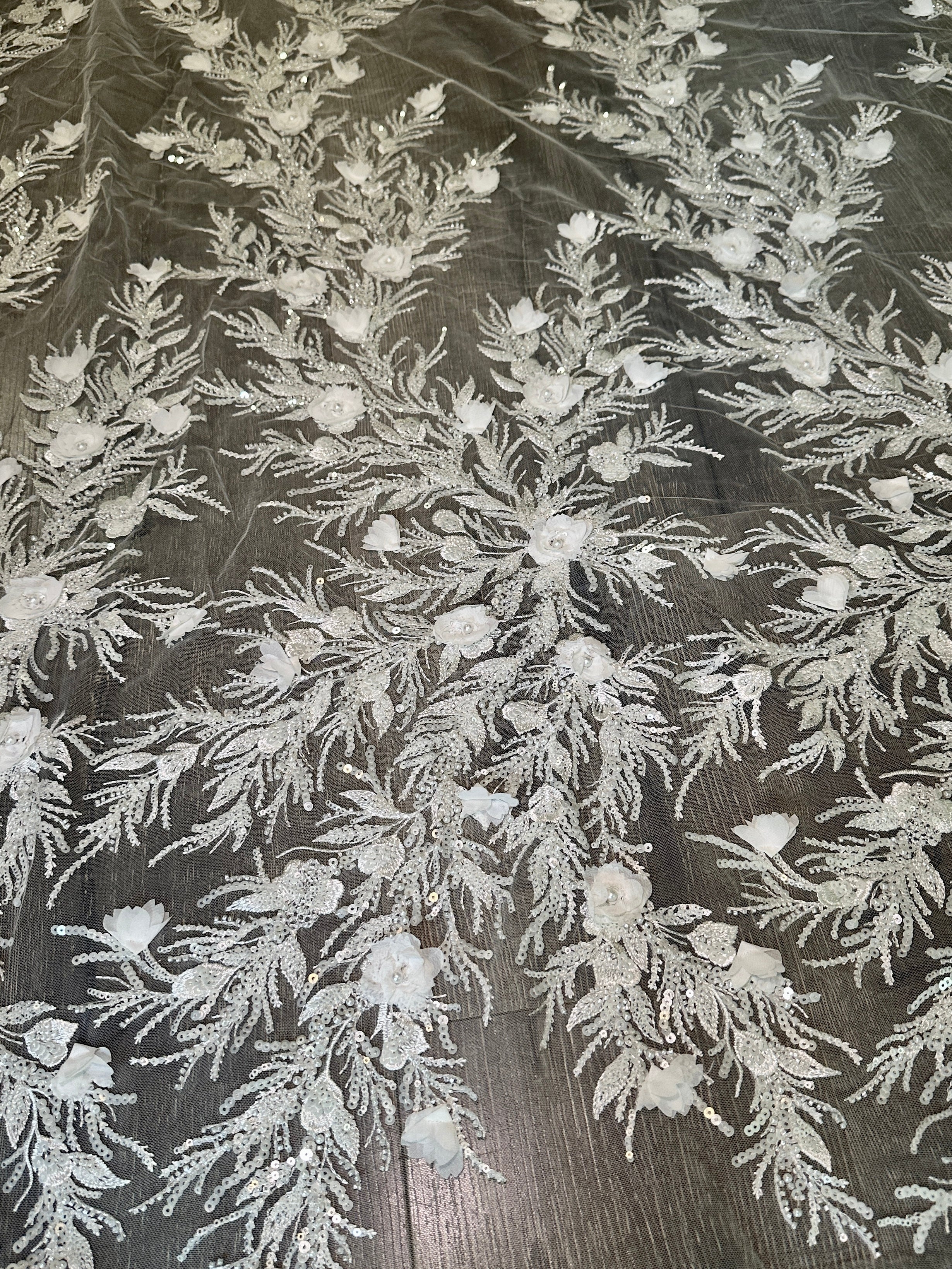 White 3D Floral Branch Sequin Beaded Lacee, Fabric Store, Sewing Store, Cheap Fabric Store, Kiki Textiles, Textile by the Yard