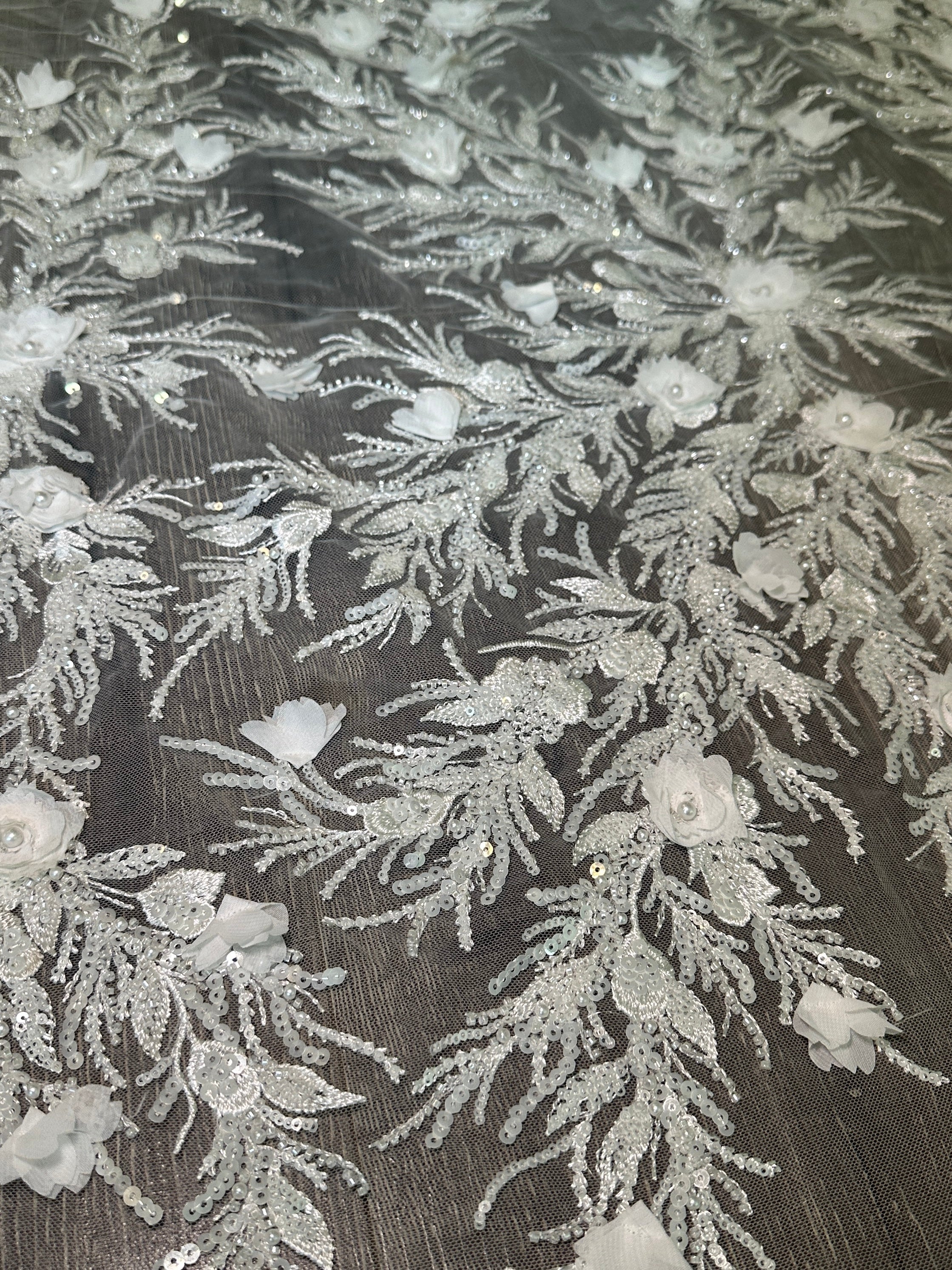 White 3D Floral Branch Sequin Beaded Lace, White Lace Mesh, Beaded sequin lace, nude lace mesh, Glitter Lace, Seed beads lace, Lace mesh on discount