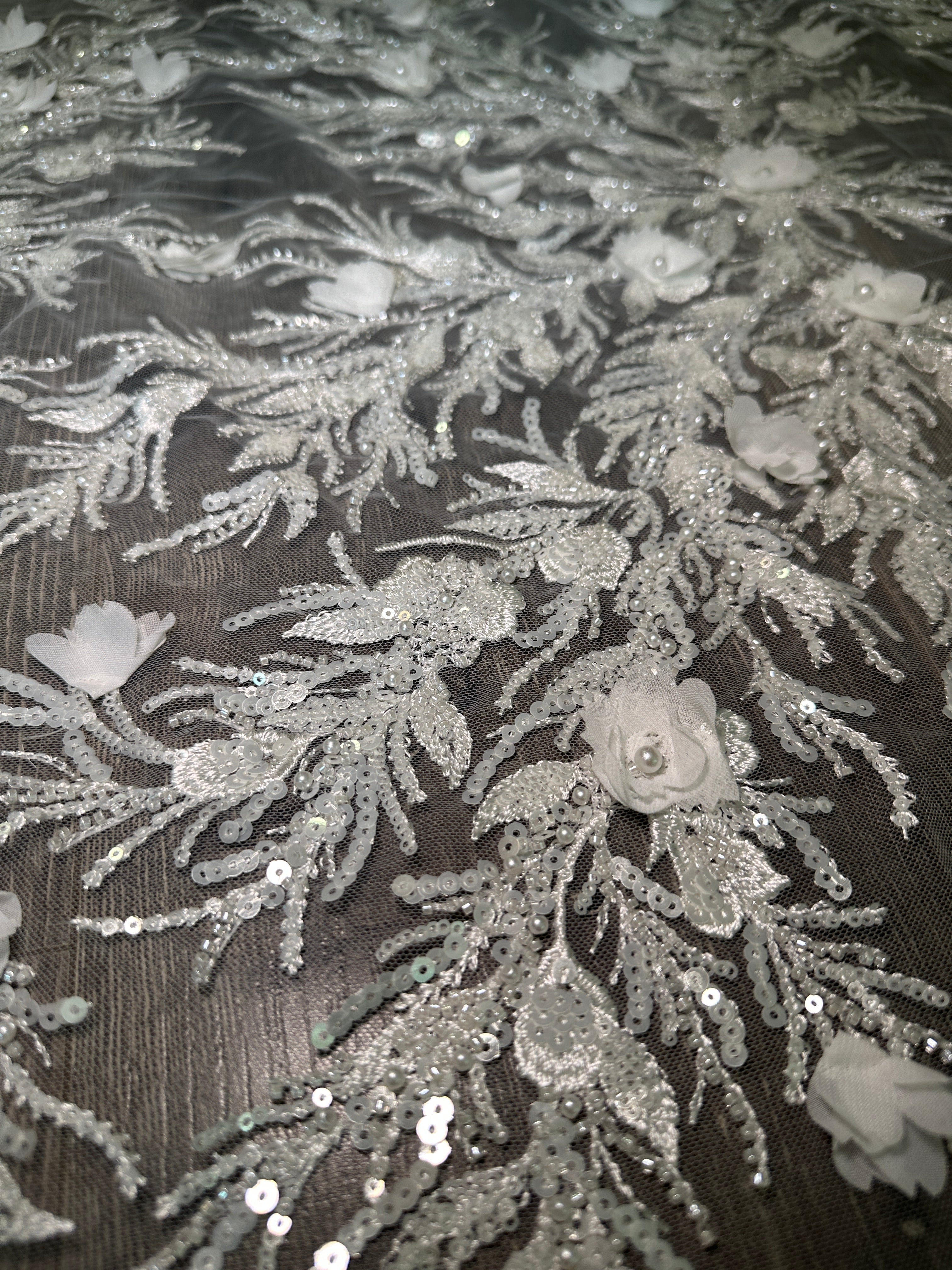 White 3D Floral Branch Sequin Beaded Lacee, Fabric Store, Sewing Store, Cheap Fabric Store, Kiki Textiles, Textile by the Yard