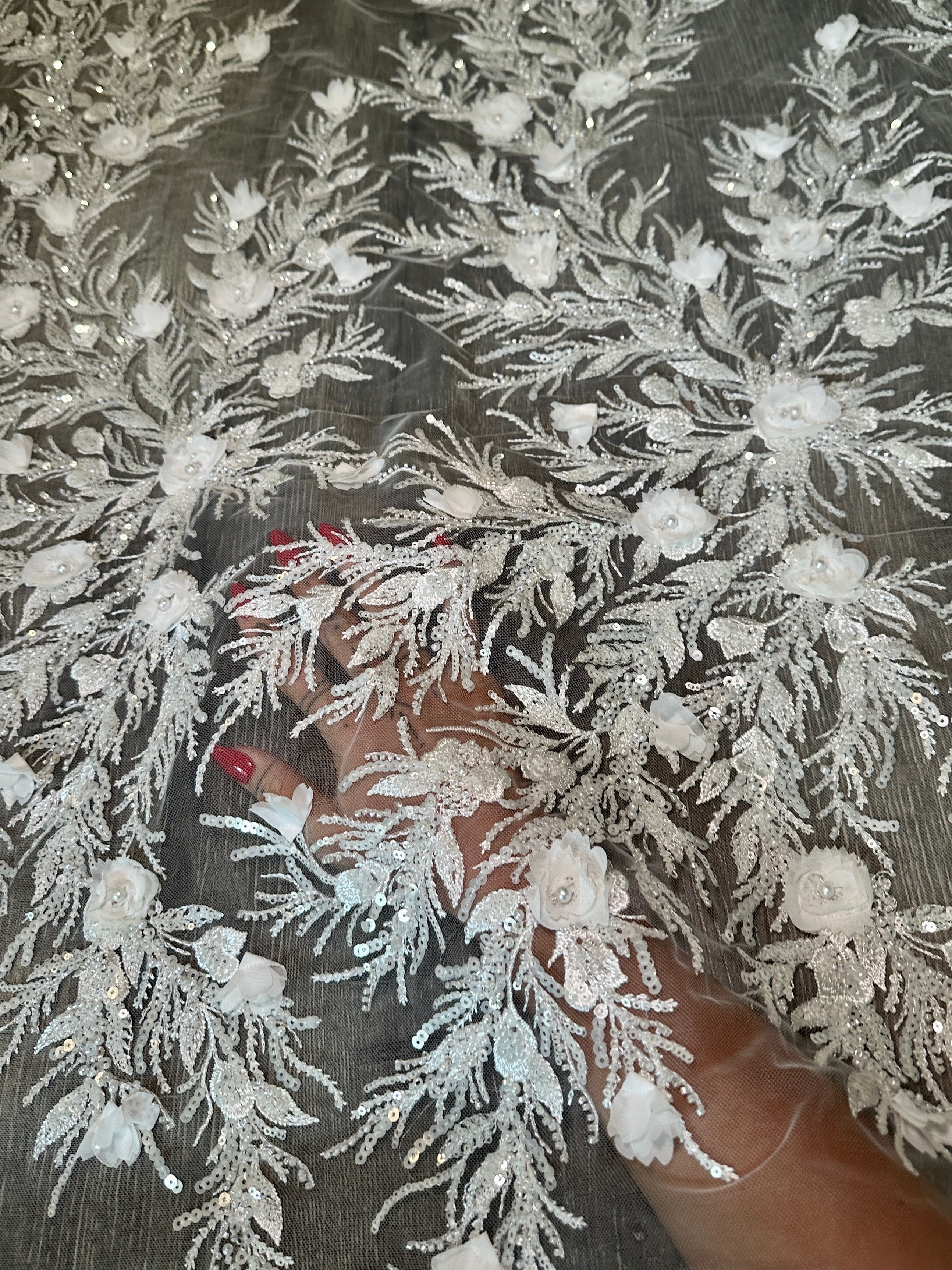 White 3D Floral Branch Sequin Beaded Lace, White Lace Mesh, Beaded sequin lace, nude lace mesh, Glitter Lace, Seed beads lace, Lace mesh on discount