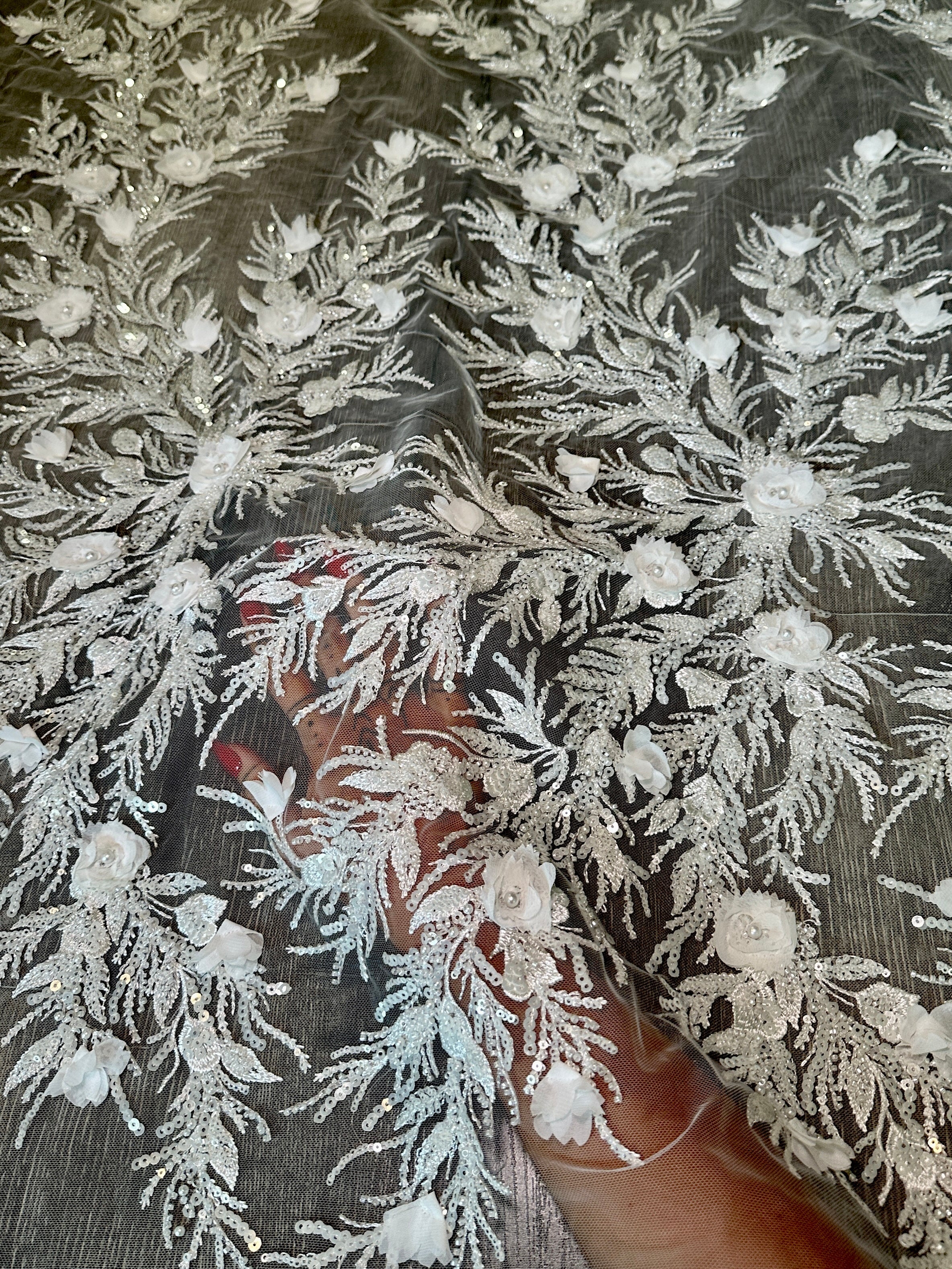 White 3D Floral Branch Sequin Beaded Lacee, Fabric Store, Sewing Store, Cheap Fabric Store, Kiki Textiles, Textile by the Yard