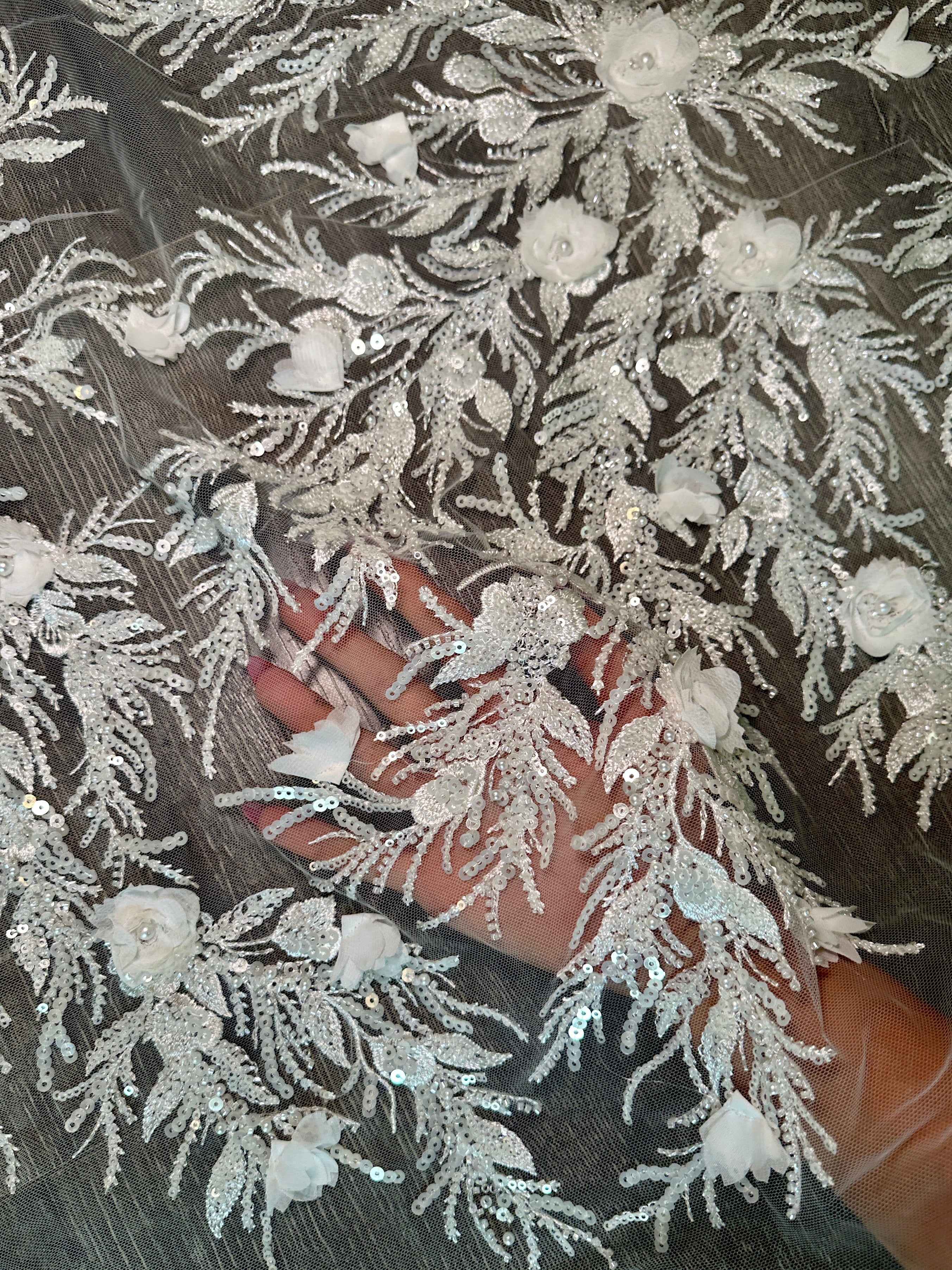 White 3D Floral Branch Sequin Beaded Lacee, Fabric Store, Sewing Store, Cheap Fabric Store, Kiki Textiles, Textile by the Yard