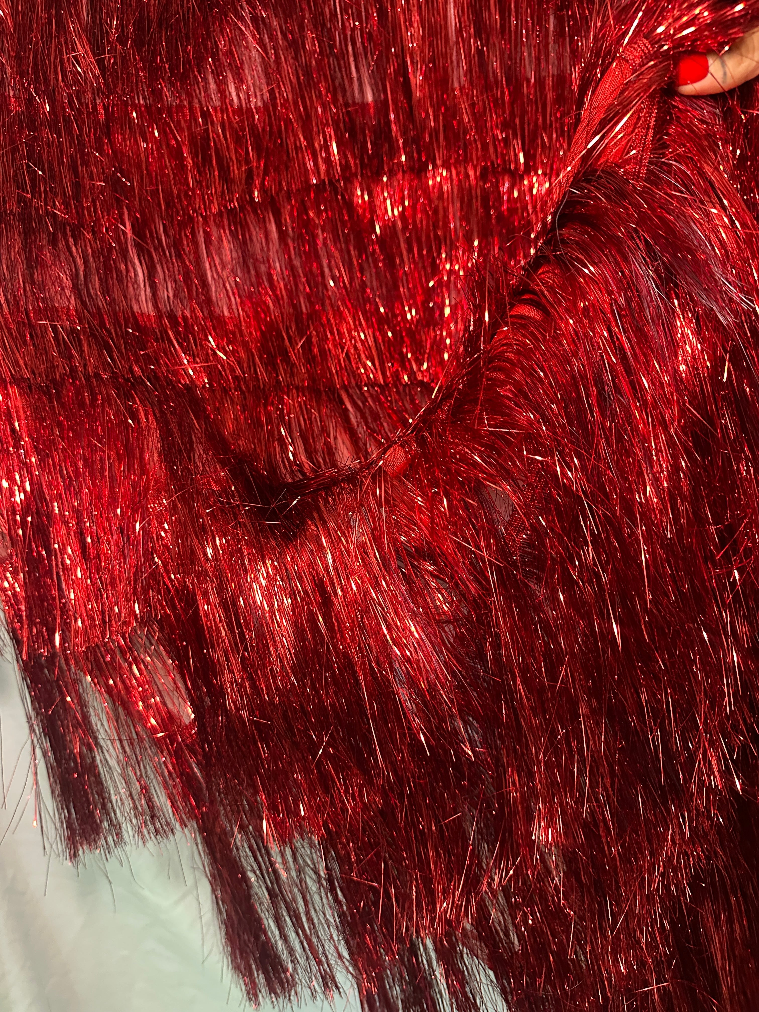 Red Fringe Metallic Mesh Base Fabric, Metallic Mesh Fabric, Mesh Base Fabric, Fashion Textile, Party Dress Material, Craft Fabric