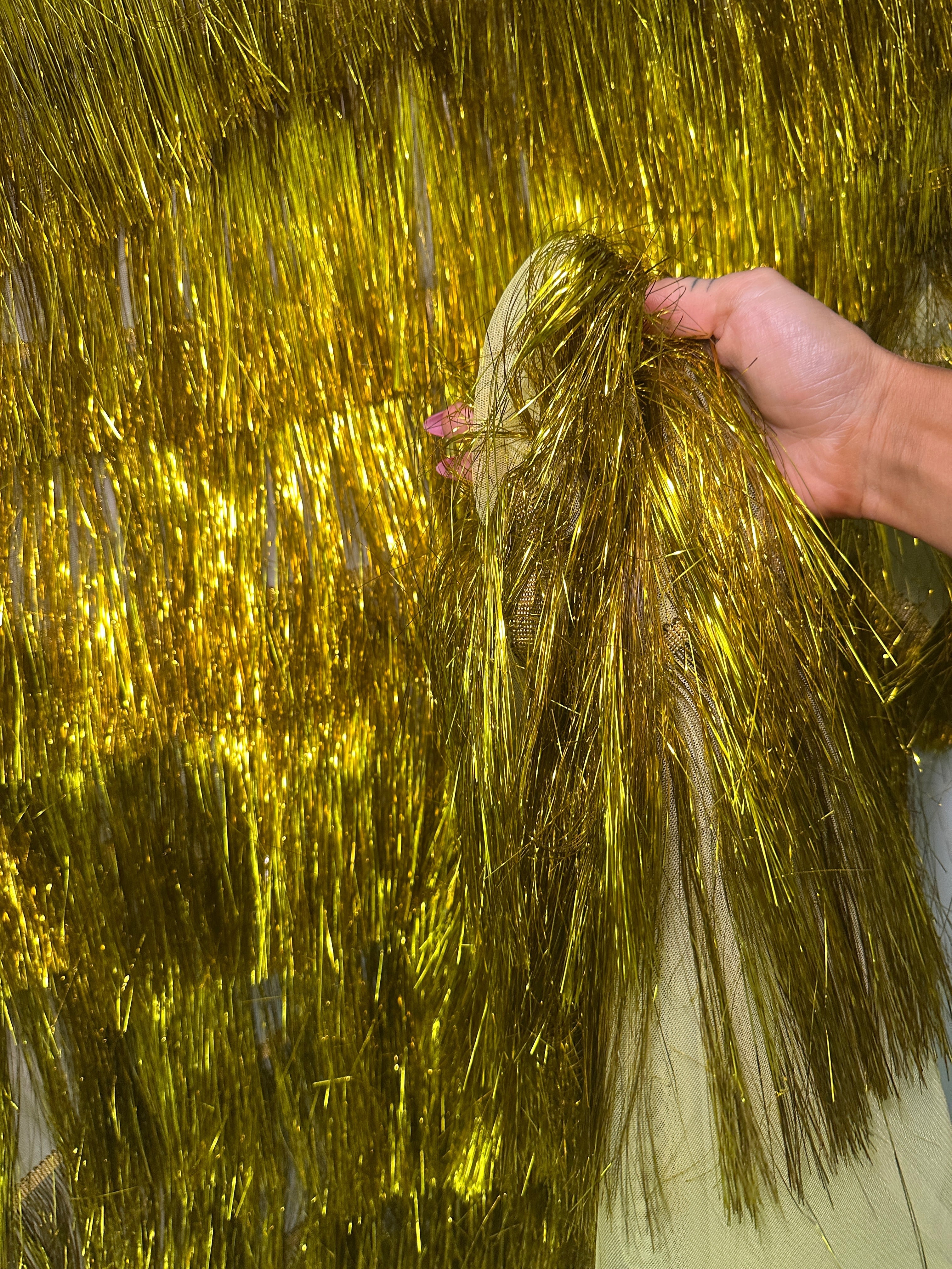 Yellow Gold Fringe Metallic Mesh Base Fabric, Fabric Store, Sewing Store, Cheap Fabric Store, Kiki Textiles, Textile by the Yard