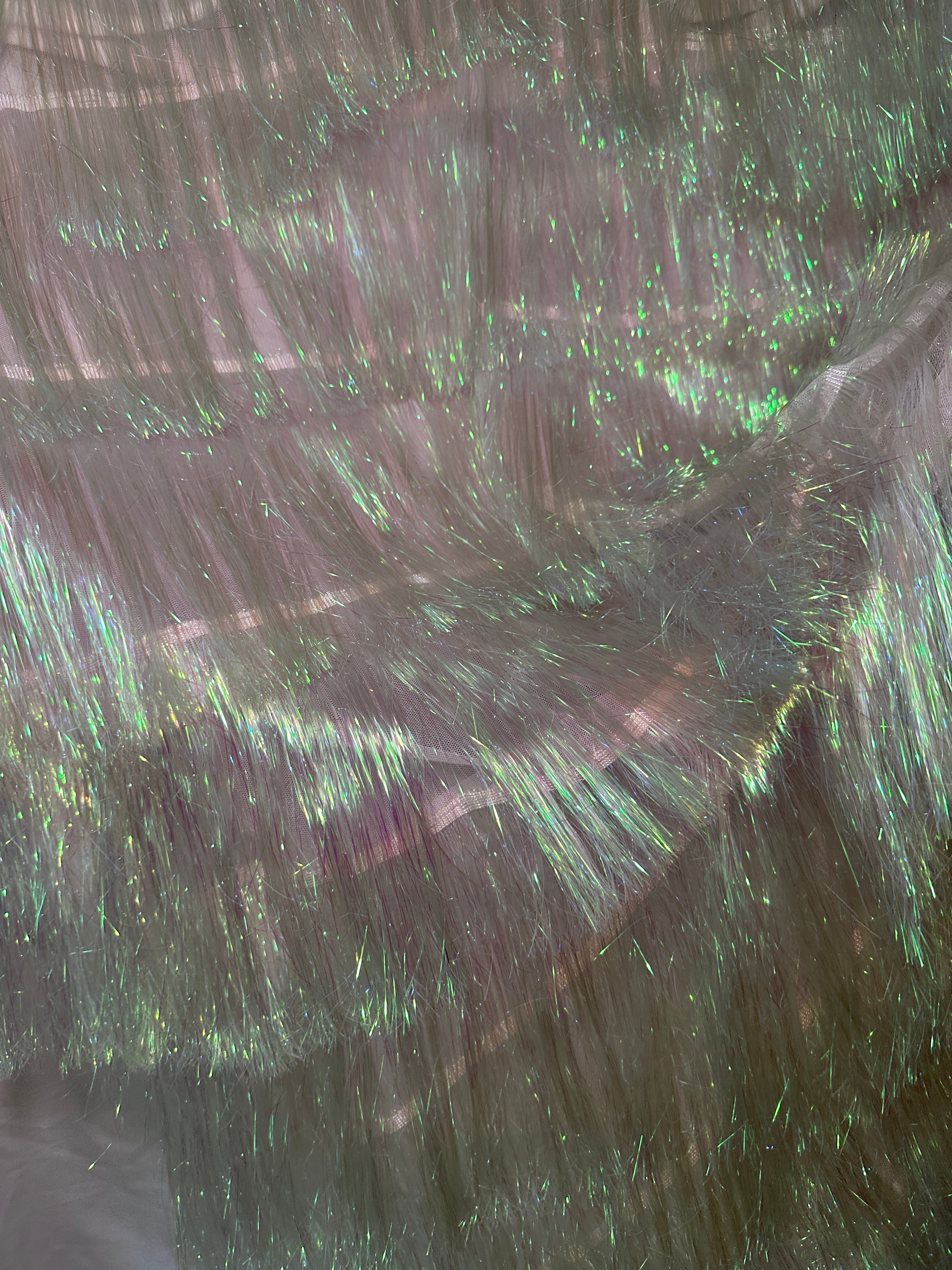 White Iridescent Fringe Metallic Mesh Base Fabric, Metallic Mesh Fabric, Mesh Base Fabric, Fashion Textile, Party Dress Material, Craft Fabric