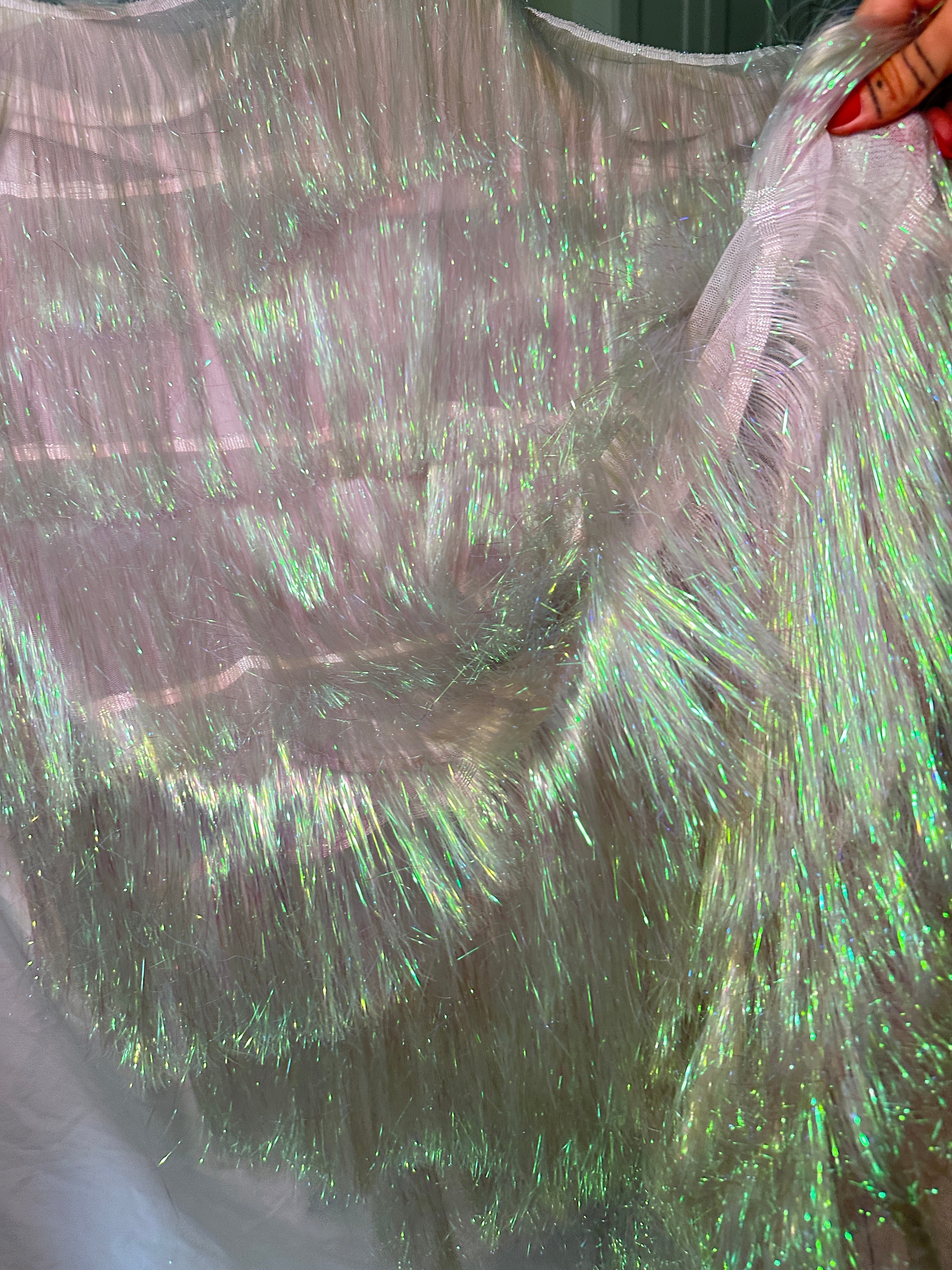 White Iridescent Fringe Metallic Mesh Base Fabric, Metallic Mesh Fabric, Mesh Base Fabric, Fashion Textile, Party Dress Material, Craft Fabric