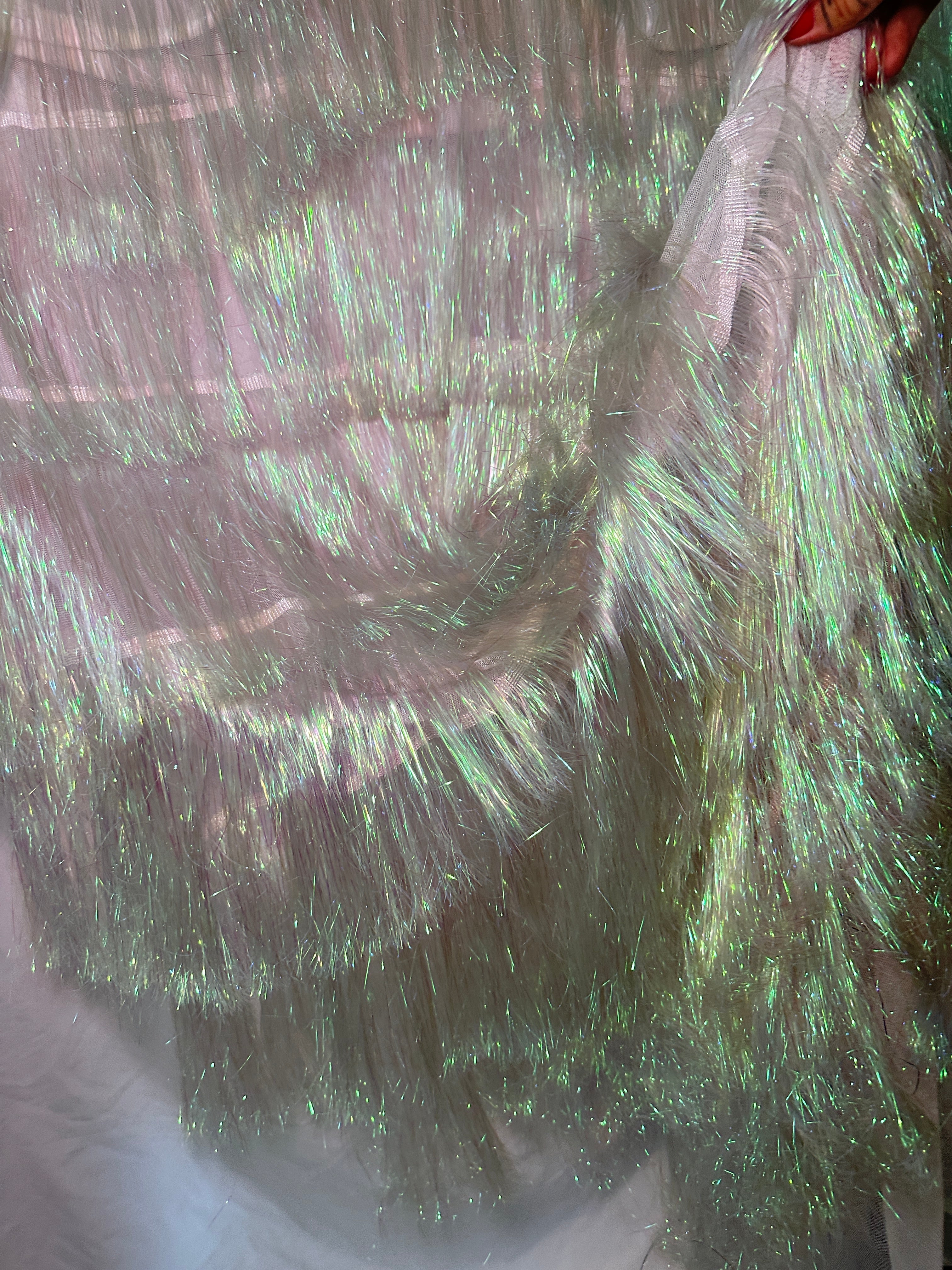White Iridescent Fringe Metallic Mesh Base Fabric, Fabric Store, Sewing Store, Cheap Fabric Store, Kiki Textiles, Textile by the Yard