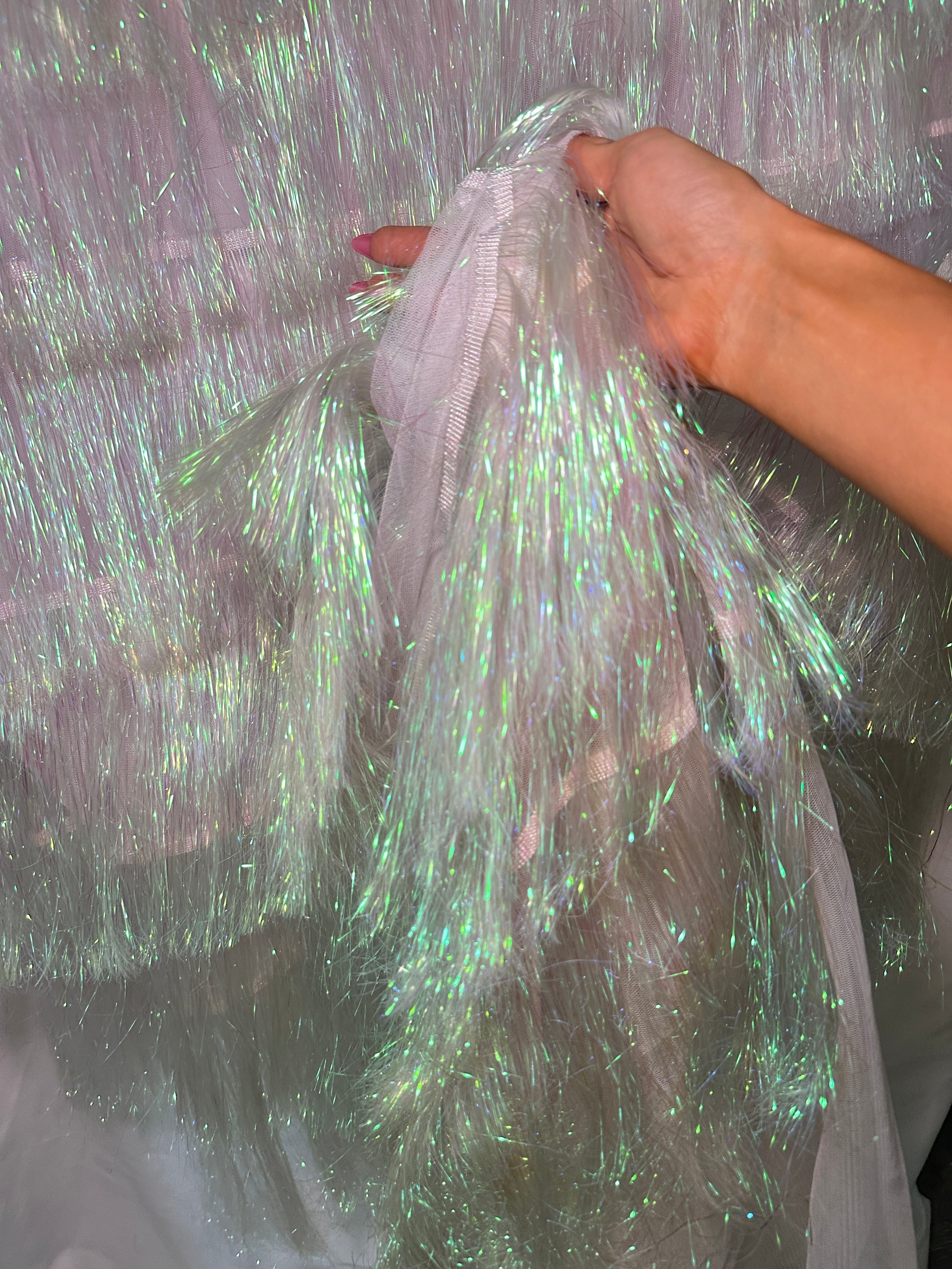 White Iridescent Fringe Metallic Mesh Base Fabric, Fabric Store, Sewing Store, Cheap Fabric Store, Kiki Textiles, Textile by the Yard