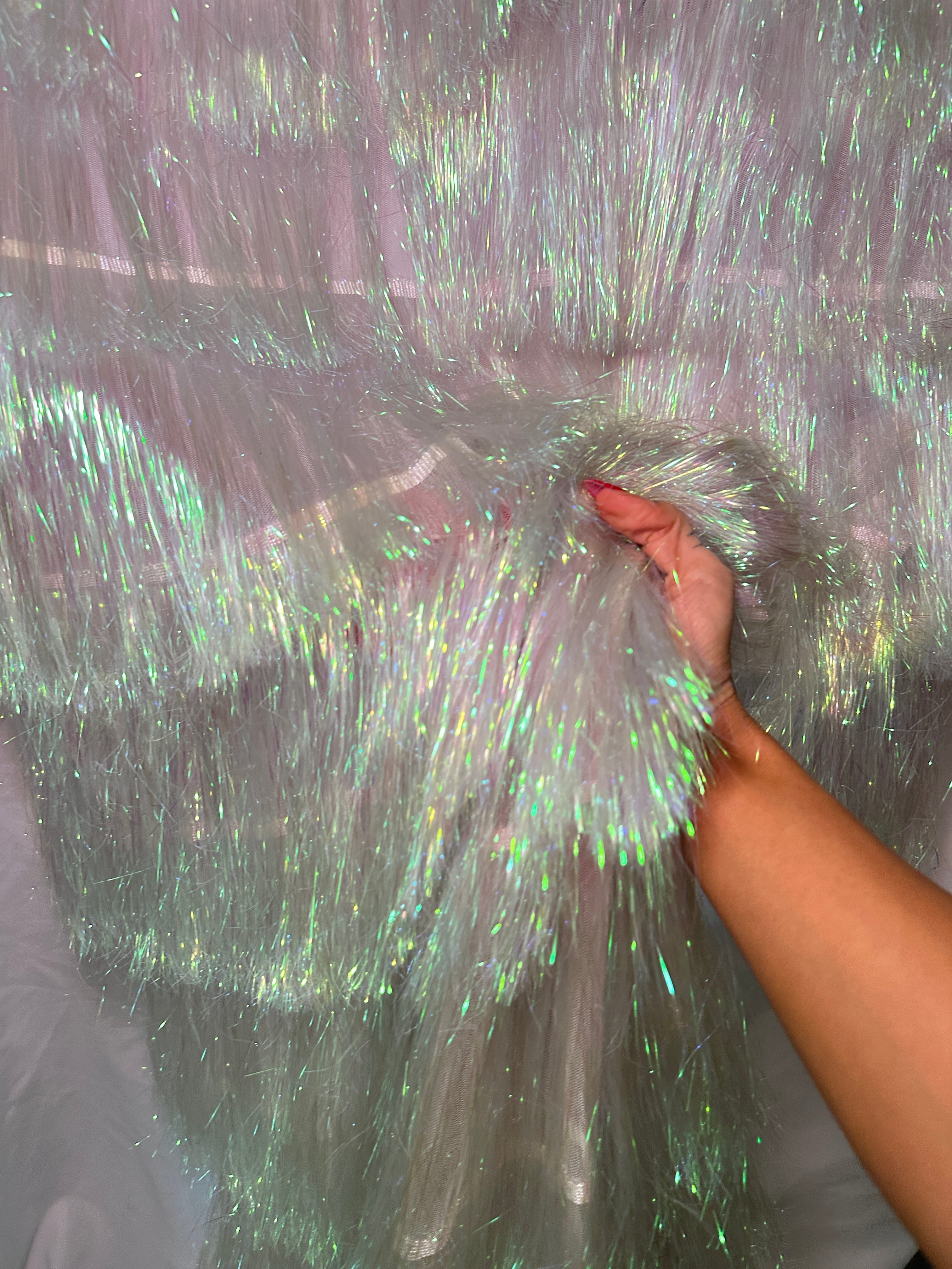 White Iridescent Fringe Metallic Mesh Base Fabric, Fabric Store, Sewing Store, Cheap Fabric Store, Kiki Textiles, Textile by the Yard