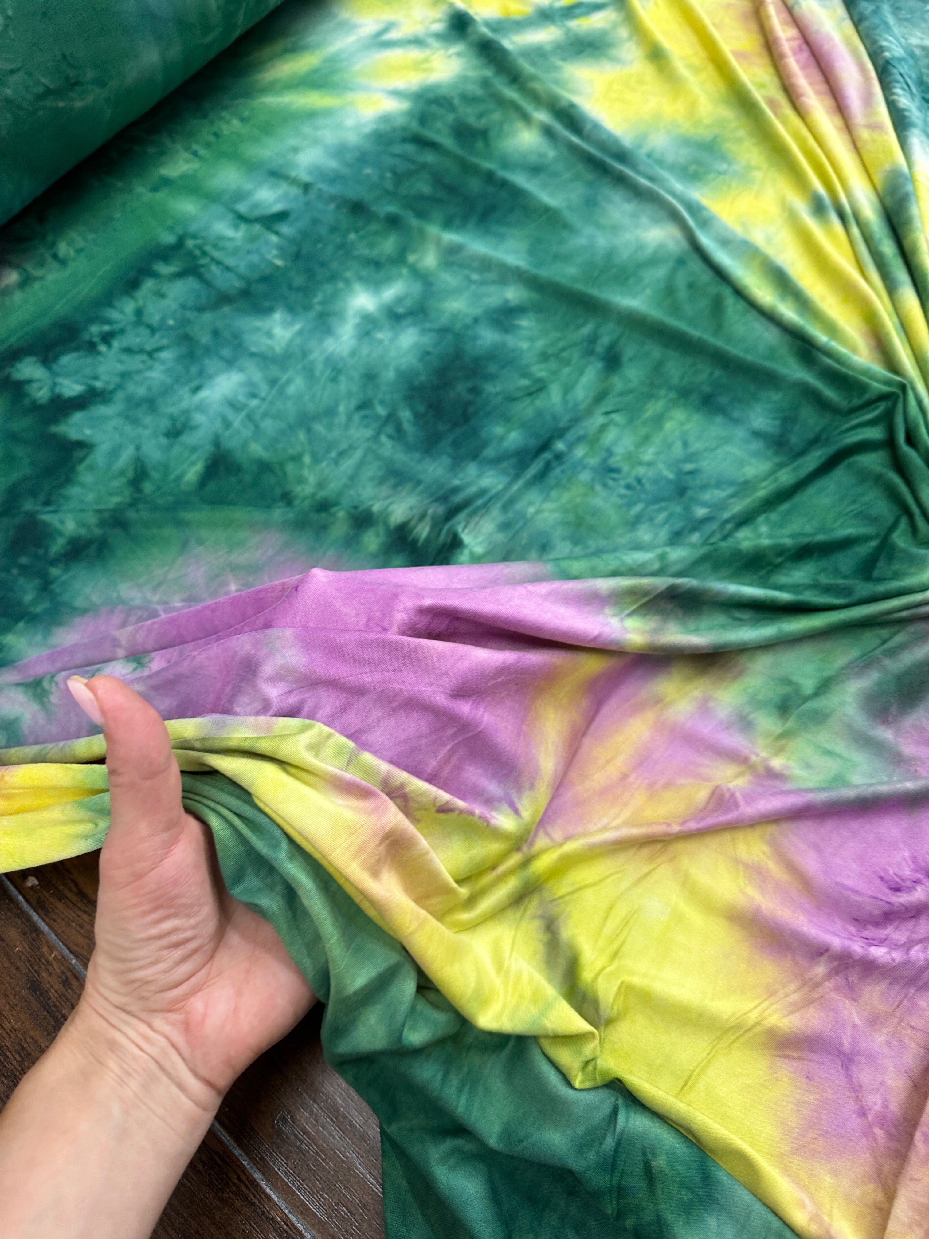 Multicolor Tie Dye Brushed Jersey Knit, tie dye jersey knit for woman, tie dye jersey knit for party wear, tie dye jersey knit for gown, tie dye jersey knit for bride, tie dye jersey knit on discount, tie dye jersey knit on sale, premium tie dye jersey knit