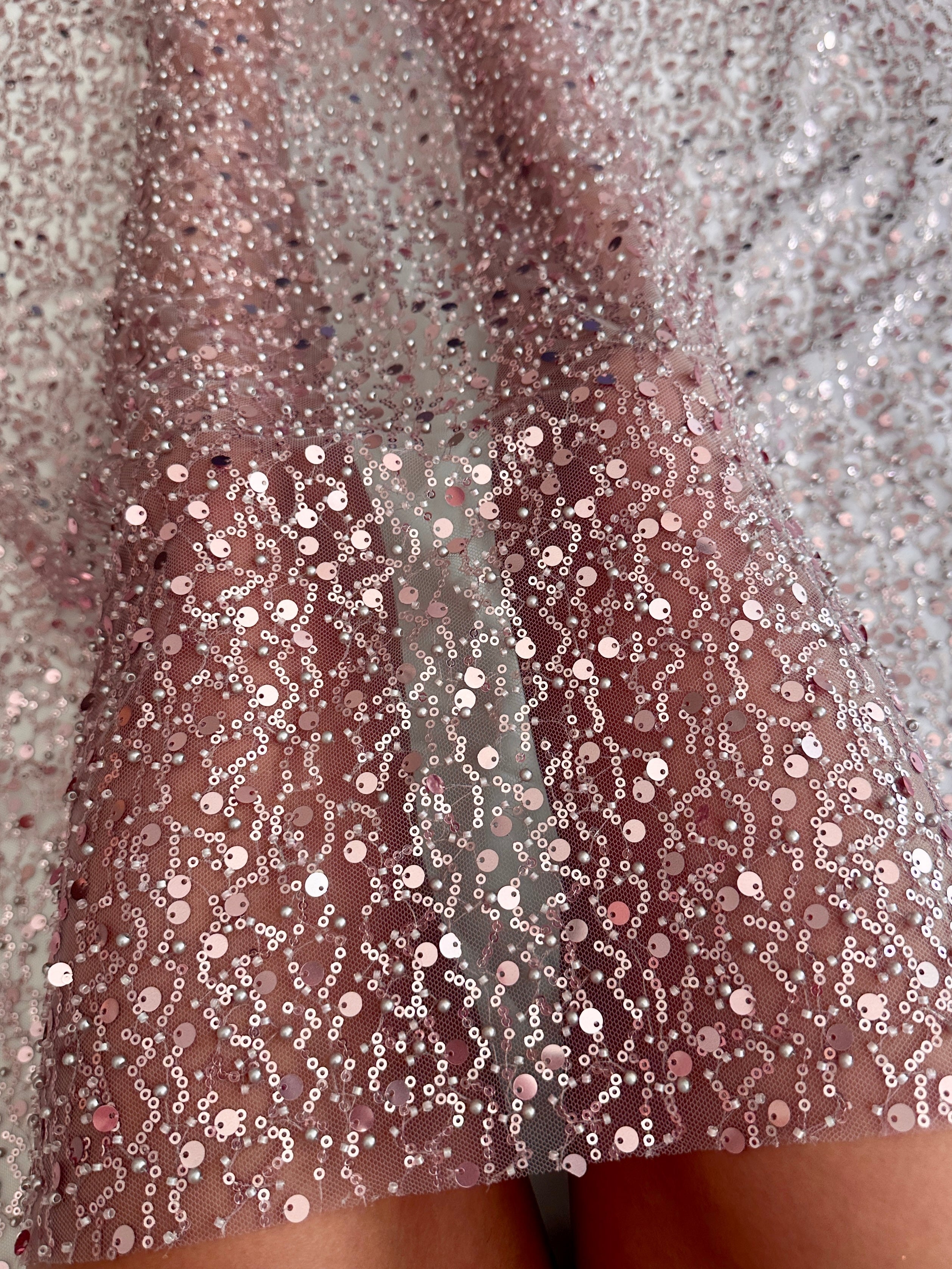 Dusty Pink Sequin Pearl Beaded Mesh, Fabric Store, Sewing Store, Cheap Fabric Store, Kiki Textiles, Textile by the Yard