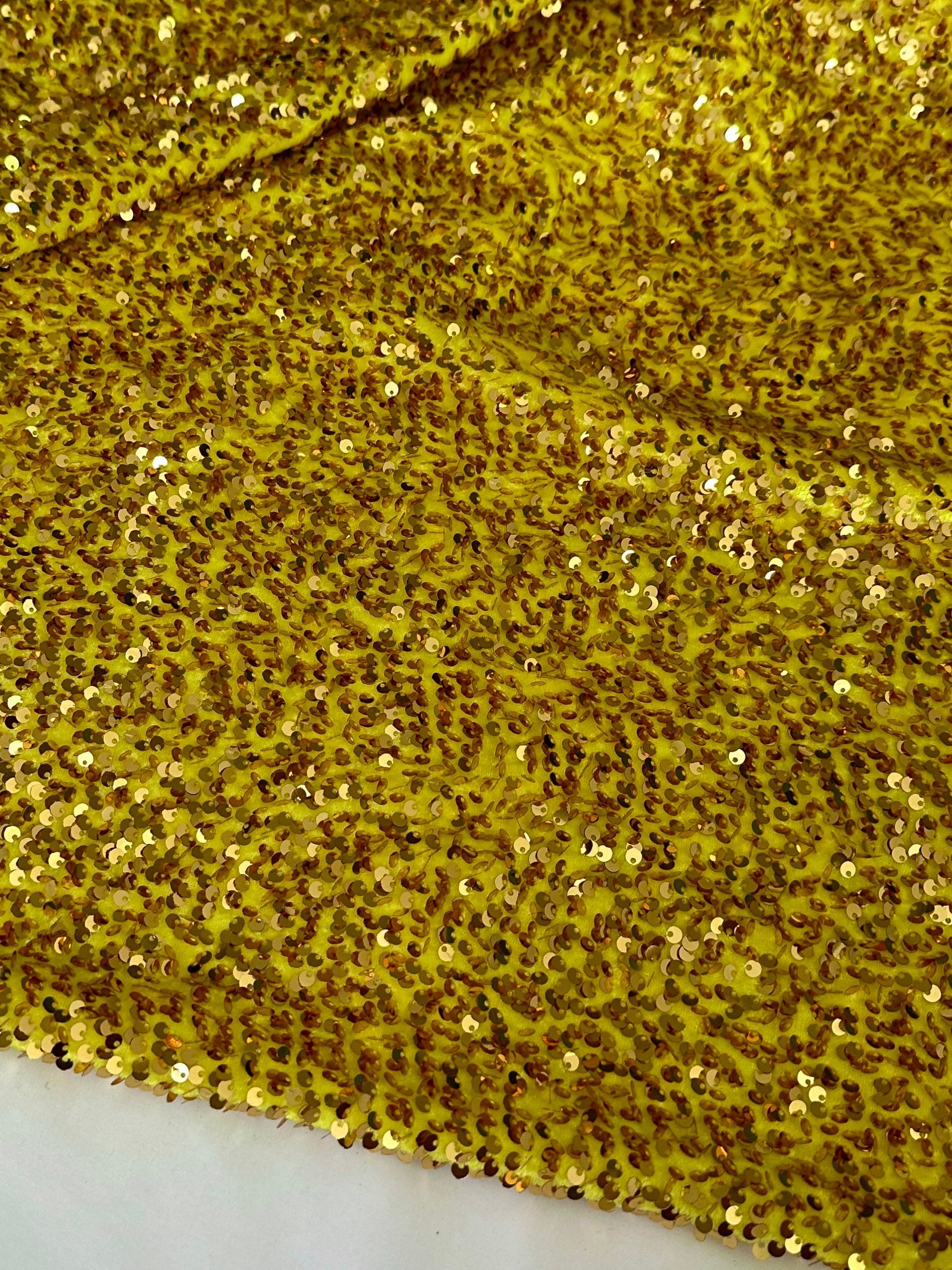 Yellow Gold Sequin on velvet, Sequin on velvet, Stretch Sequin Mesh, Stretch Sequin velvet for woman, Stretch Sequin velvet for bride, Stretch Sequin velvet on discount, Stretch Sequin velvet online