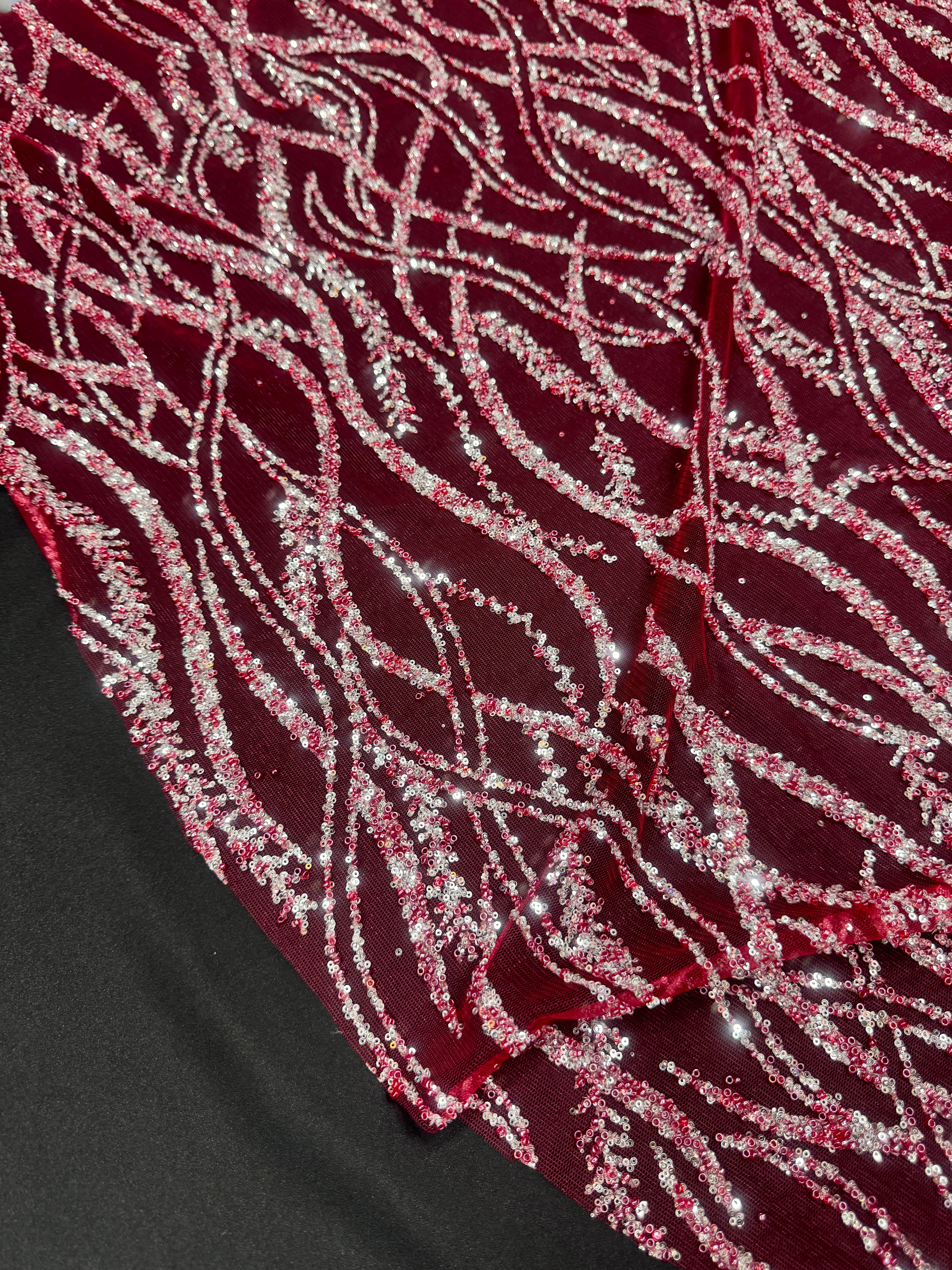 Red/Silver Wave Design Glitter Lace Mesh, Red/Silver lace mesh, nude lace mesh, lace mesh for woman, lace mesh for bride, lace mesh on sale, lace mesh on discount