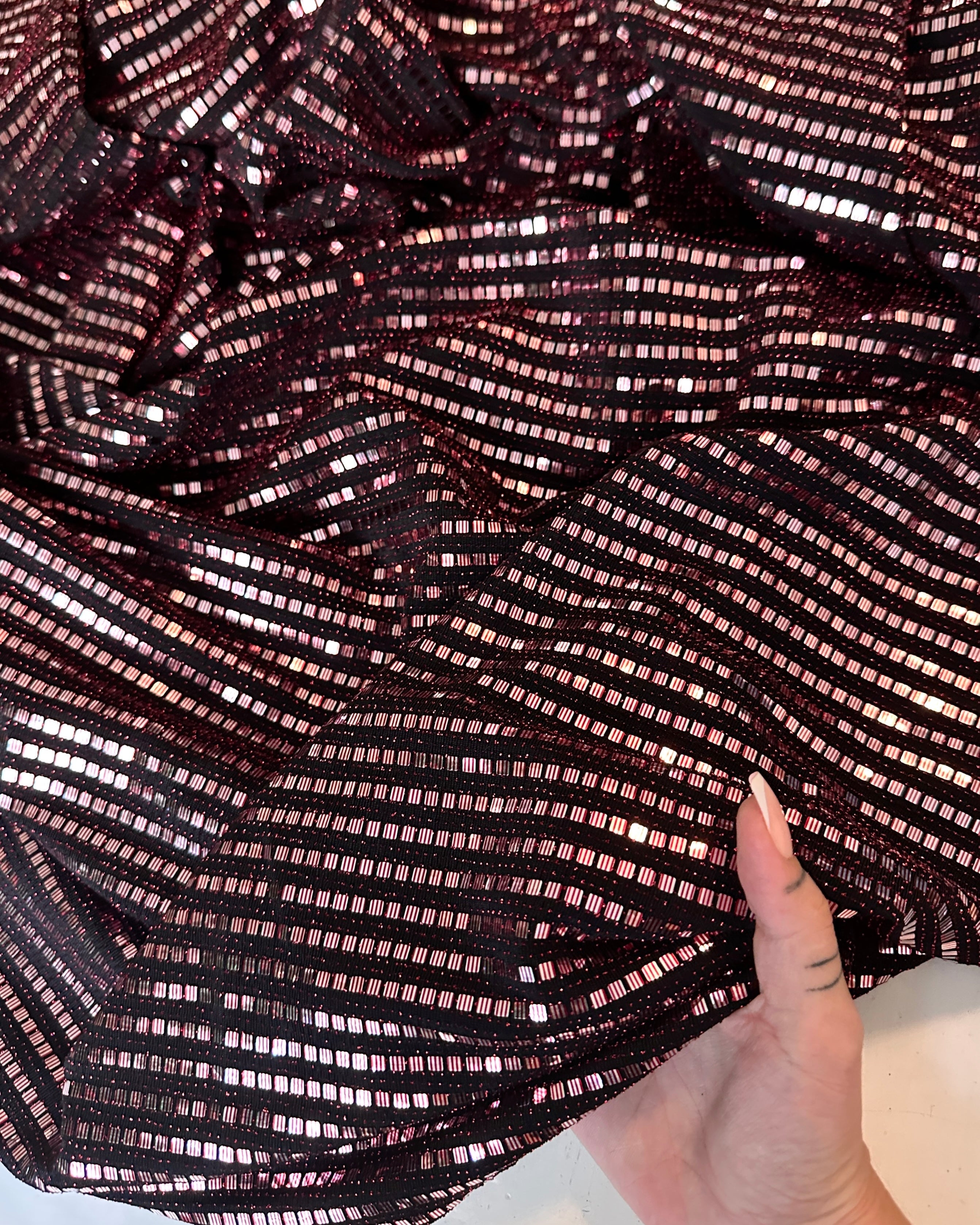 Red Silver Flat Mirror Sequins on Knit, red silver sequin on knit, red silver sequin, sequin on knit, mirror sequin on knit, colorfull sequin on knit