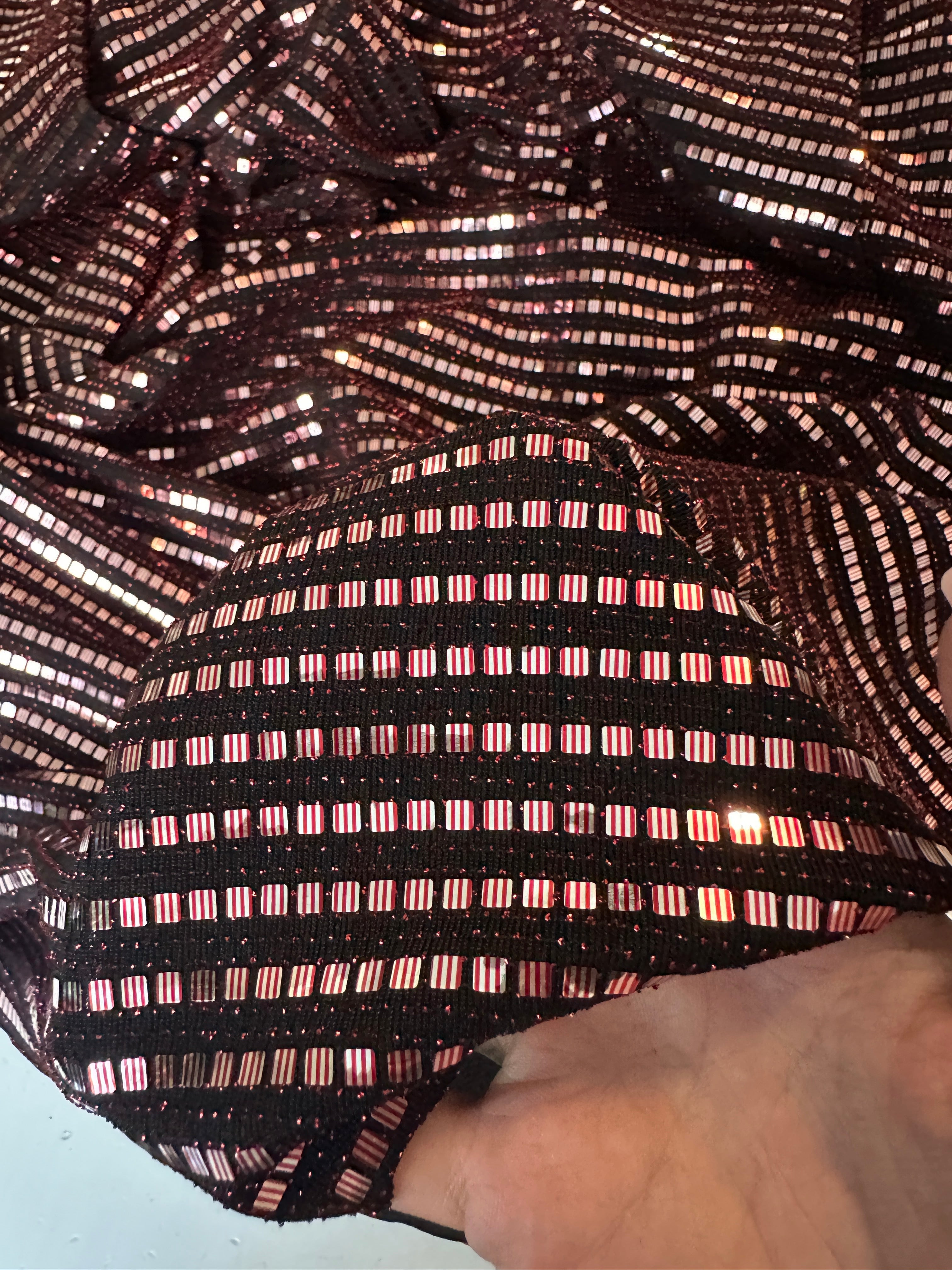 Red Silver Flat Mirror Sequins on Knit, red silver sequin on knit, red silver sequin, sequin on knit, mirror sequin on knit, colorfull sequin on knit