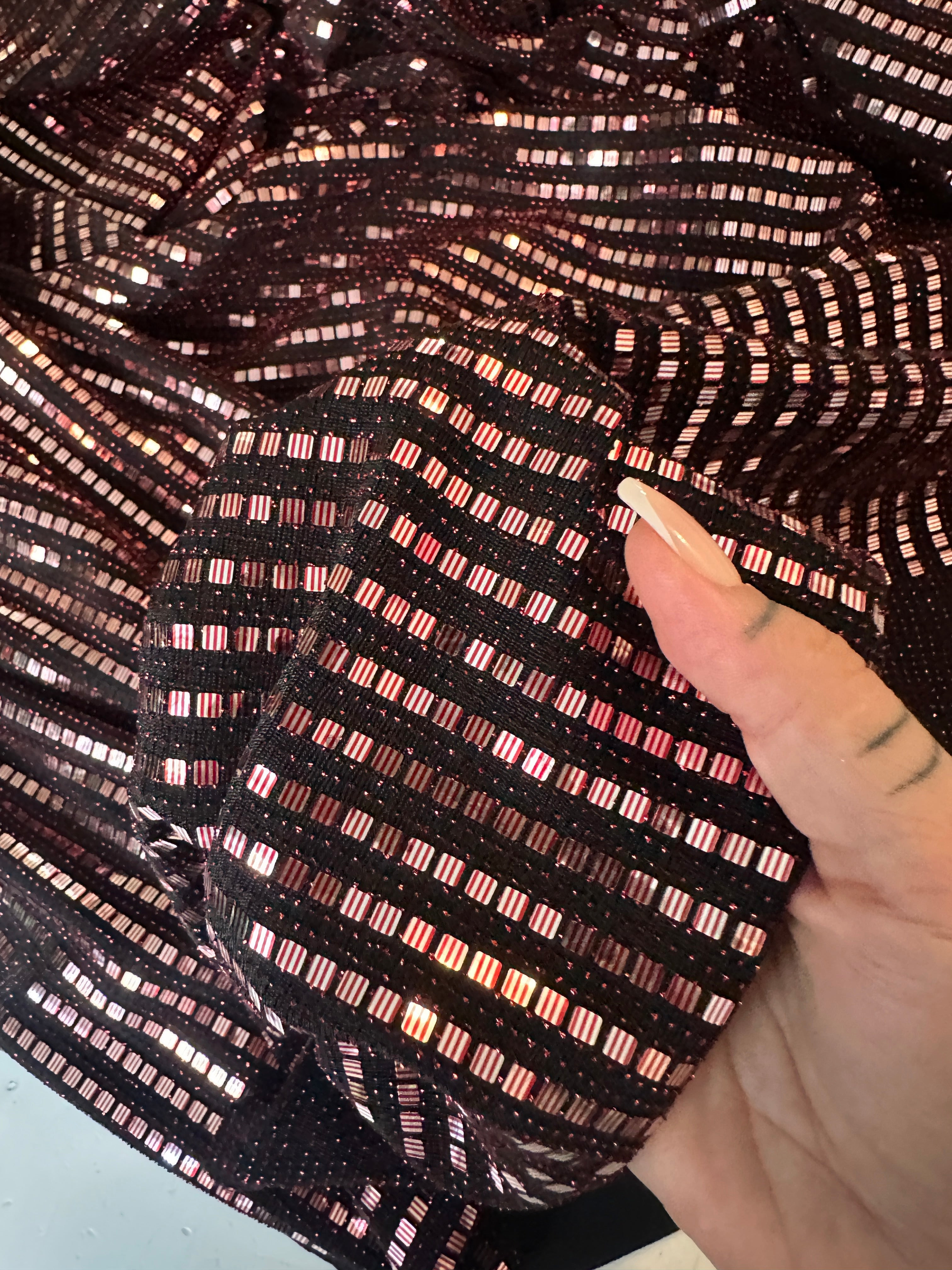 Red Silver Flat Mirror Sequins on Knit, red silver sequin on knit, red silver sequin, sequin on knit, mirror sequin on knit, colorfull sequin on knit