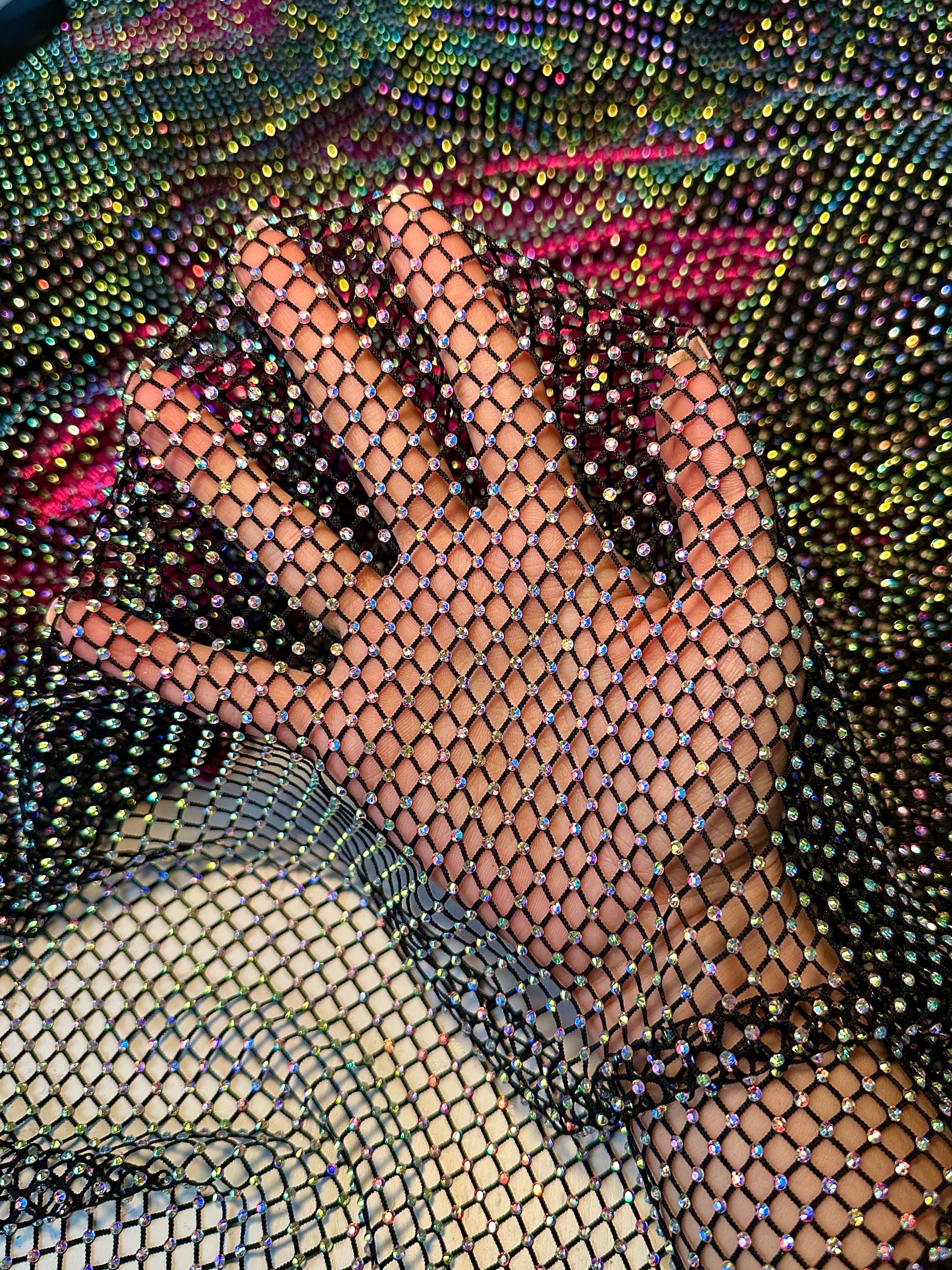 Black Rhinestone Diamond Fishnet Mesh, black power mesh, printed power mesh, jet black mesh, gray power mesh, dark gray power mesh