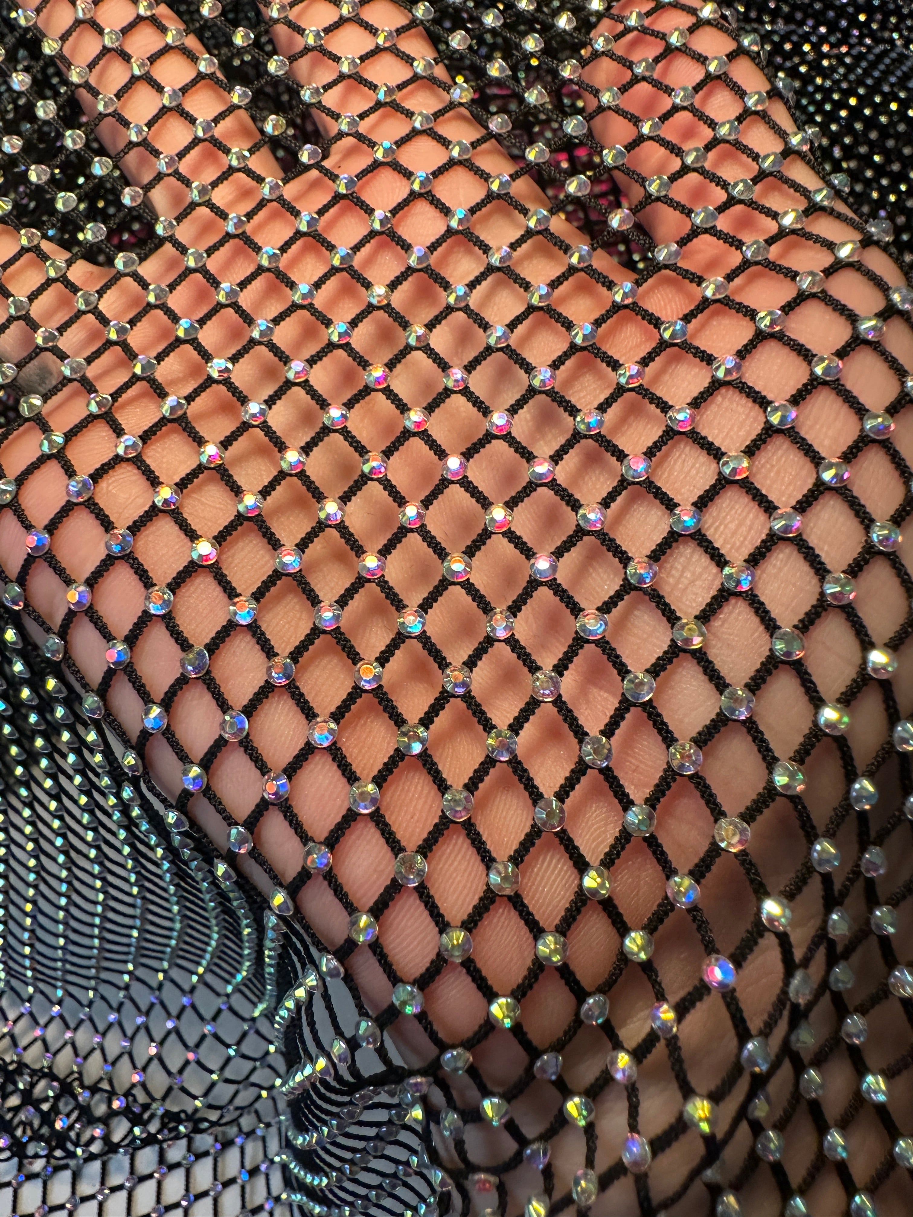 Black Rhinestone Diamond Fishnet Mesh, black power mesh, printed power mesh, jet black mesh, gray power mesh, dark gray power mesh