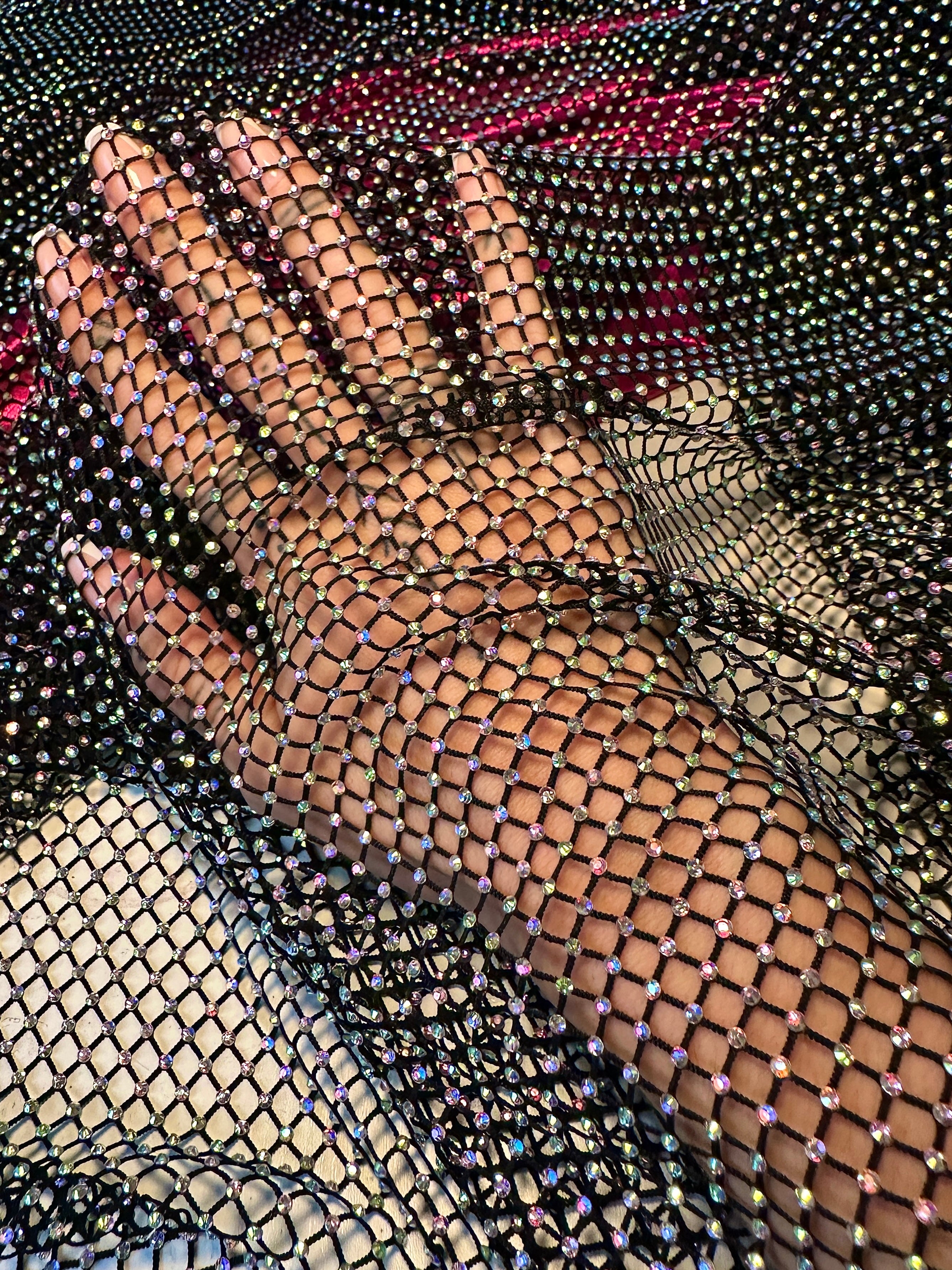 Black Rhinestone Diamond Fishnet Mesh, black power mesh, printed power mesh, jet black mesh, gray power mesh, dark gray power mesh