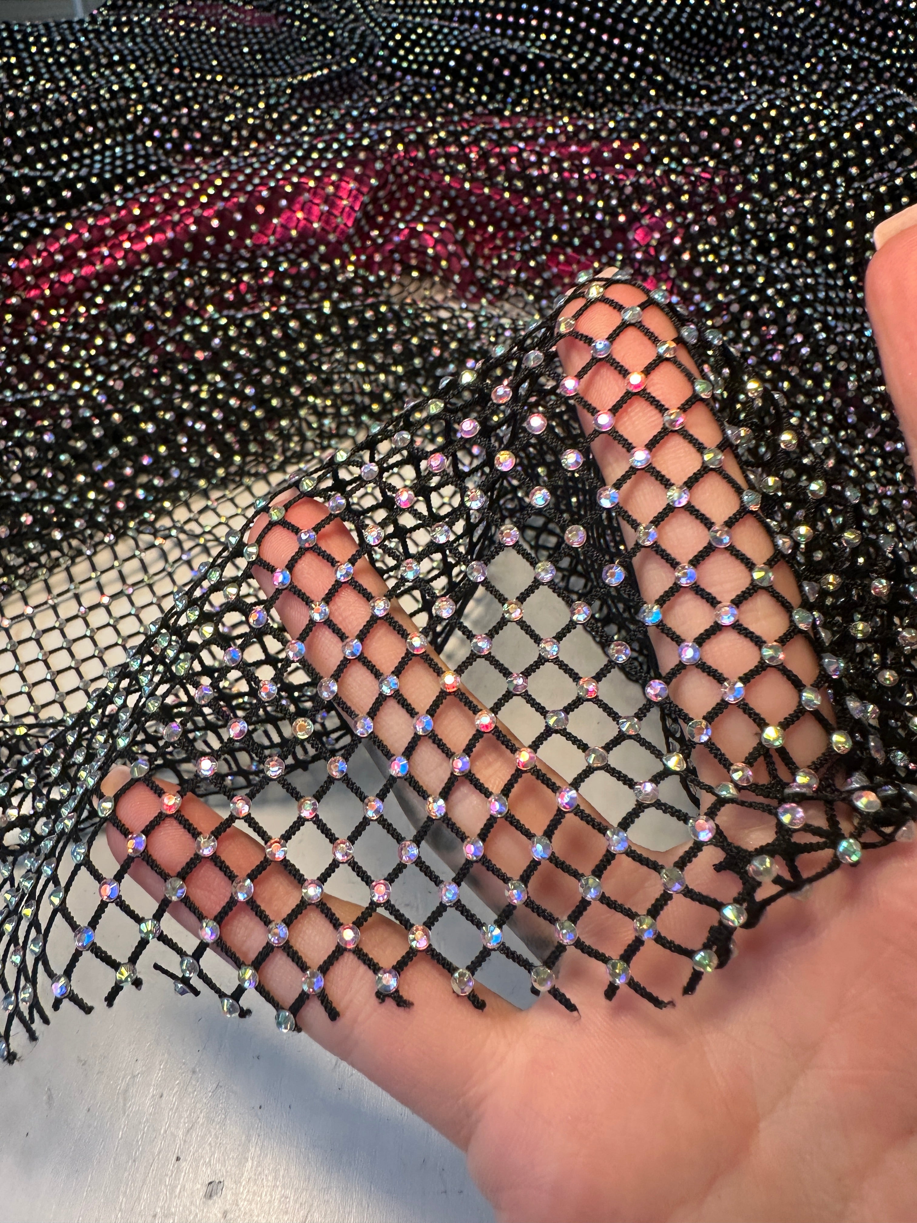 Black Rhinestone Diamond Fishnet Mesh, black power mesh, printed power mesh, jet black mesh, gray power mesh, dark gray power mesh