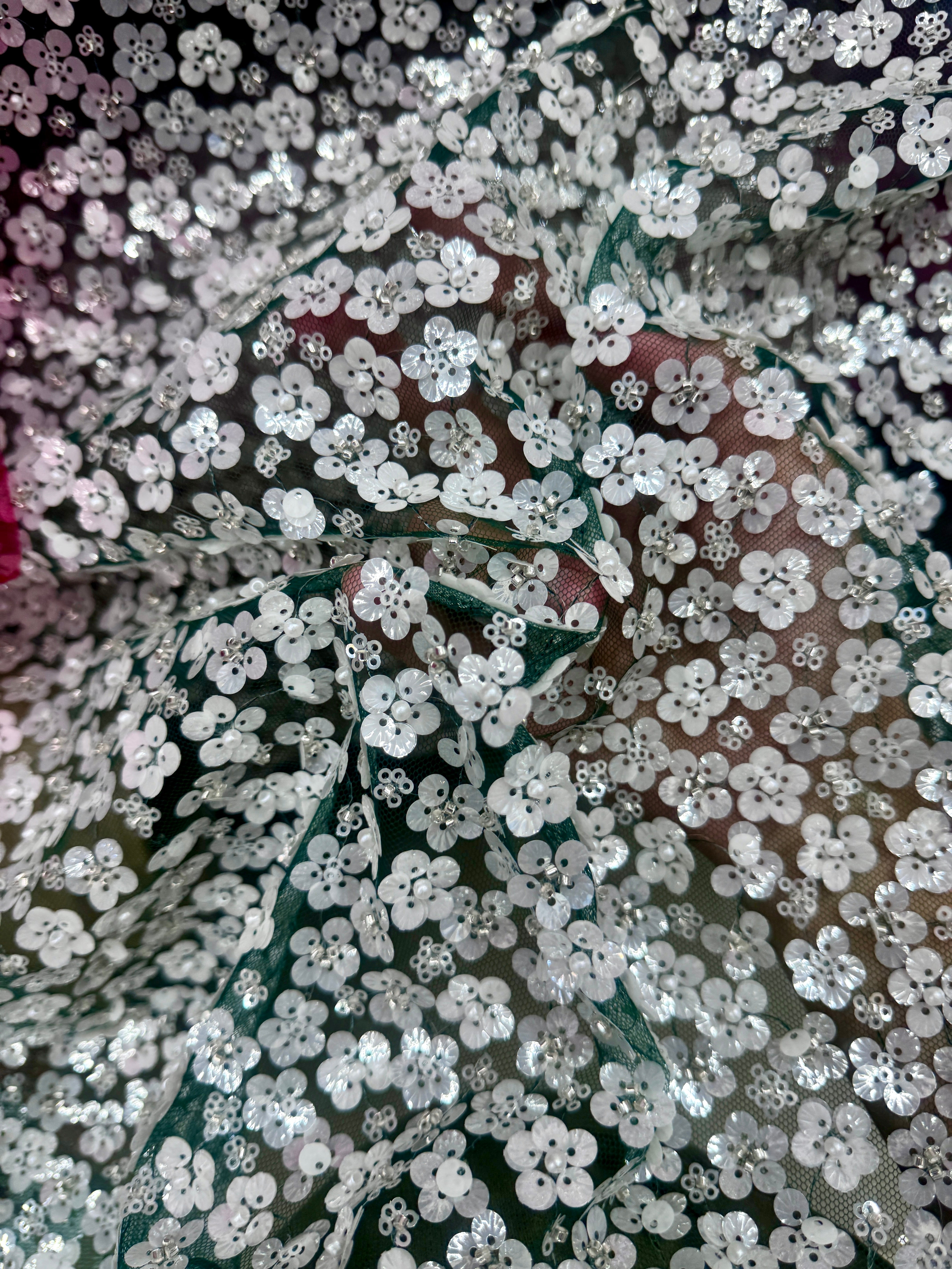 3D White Sequin Flowers on Hunter Green Mesh,online textile store, sewing, fabric store, sewing store, cheap fabric store, kiki textiles