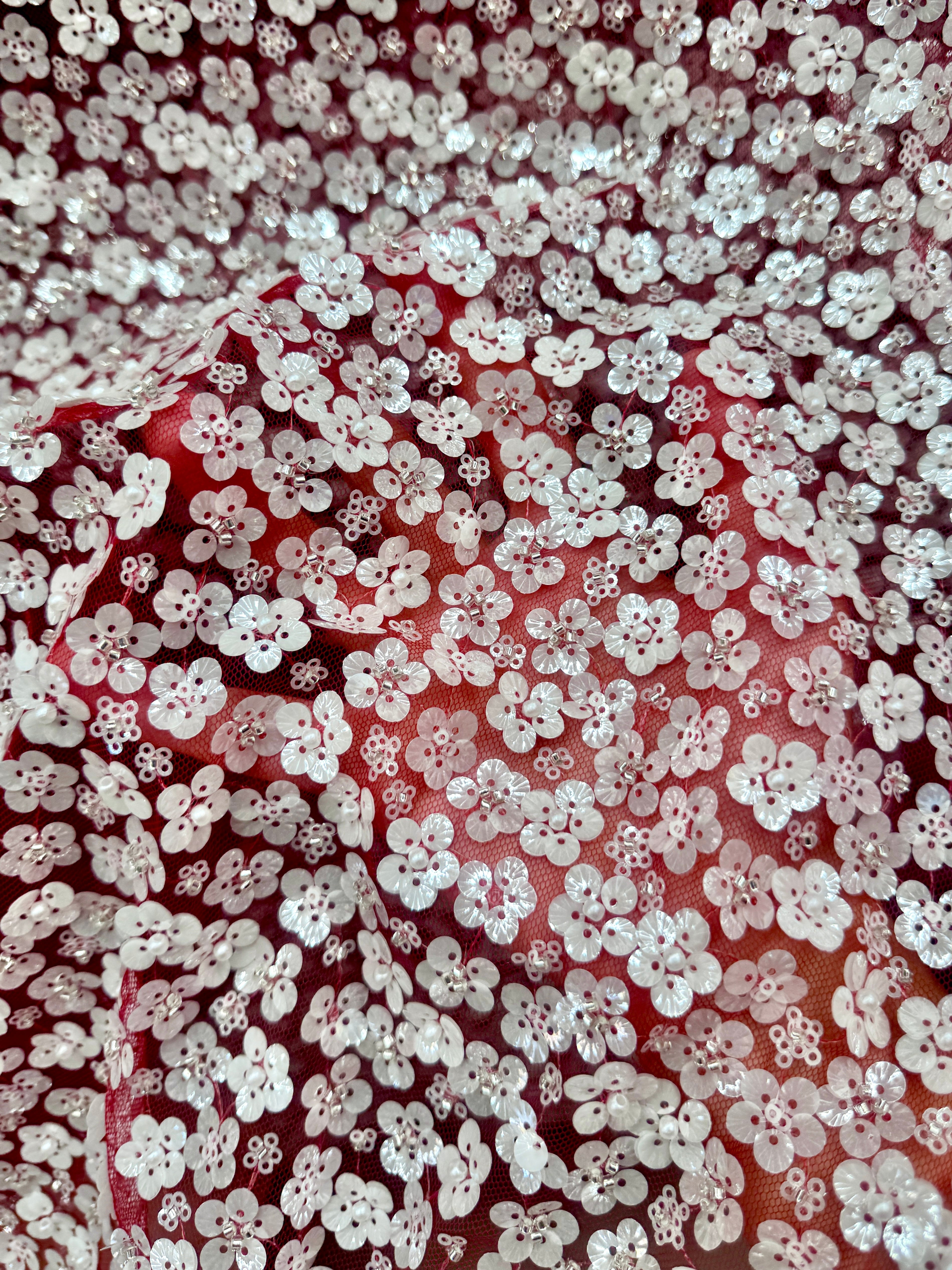 3D White Sequin Flowers on Red Mesh,online textile store, sewing, fabric store, sewing store, cheap fabric store, kiki textiles