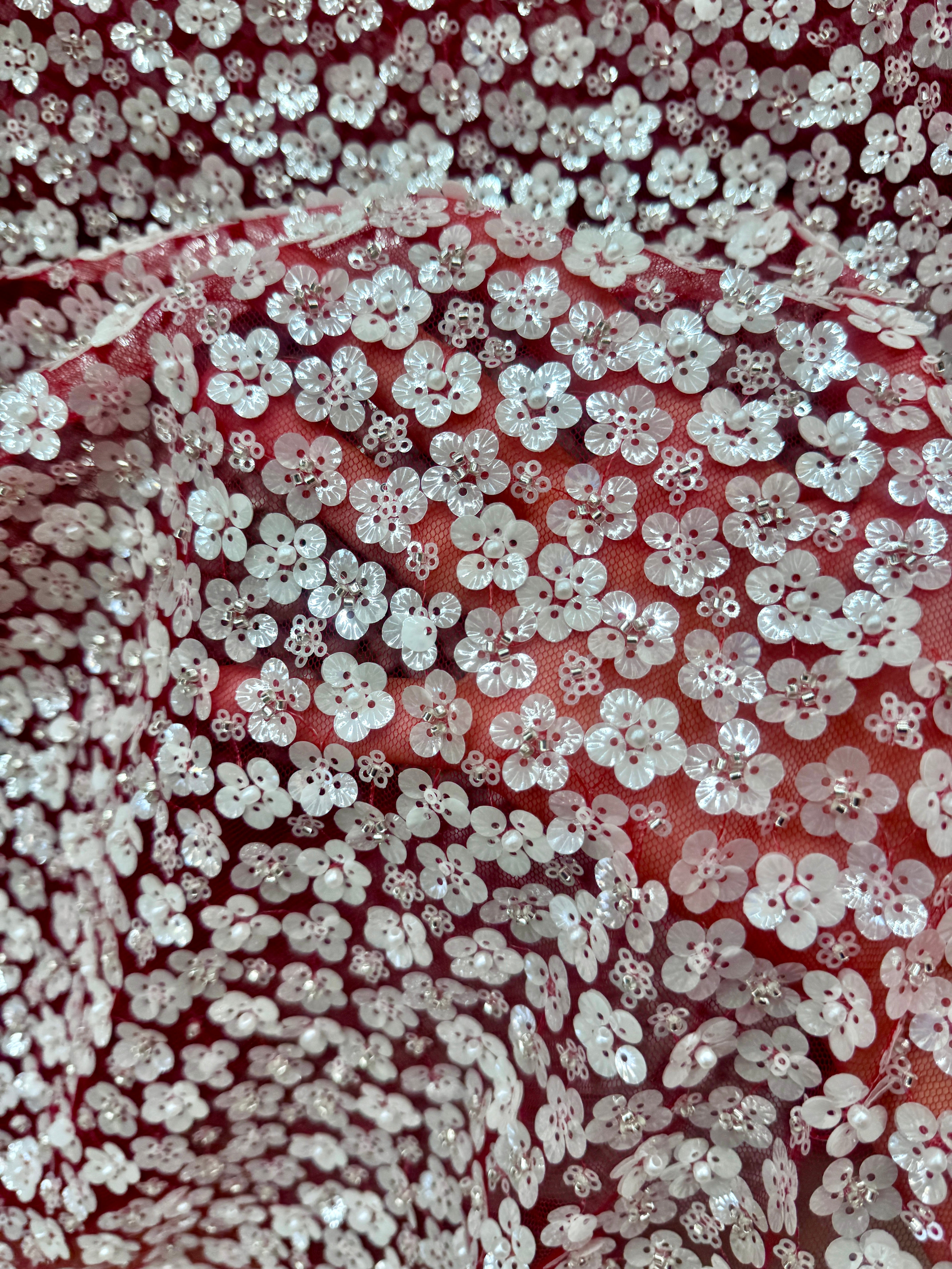 3D White Sequin Flowers on Red Mesh, Red Mesh, nude lace mesh, lace mesh for woman, lace mesh for bride, lace mesh on sale, lace mesh on discount