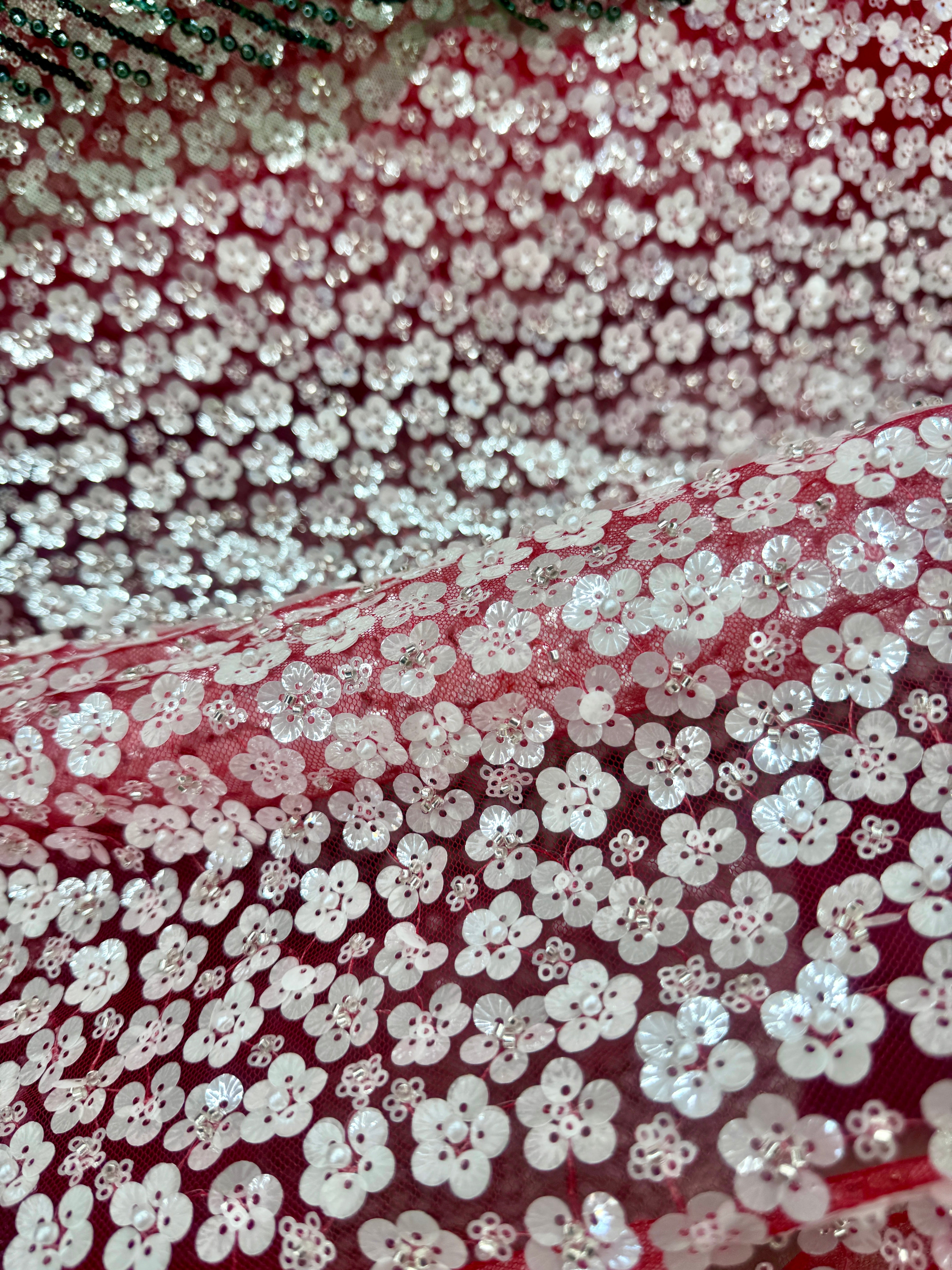 3D White Sequin Flowers on Red Mesh,online textile store, sewing, fabric store, sewing store, cheap fabric store, kiki textiles