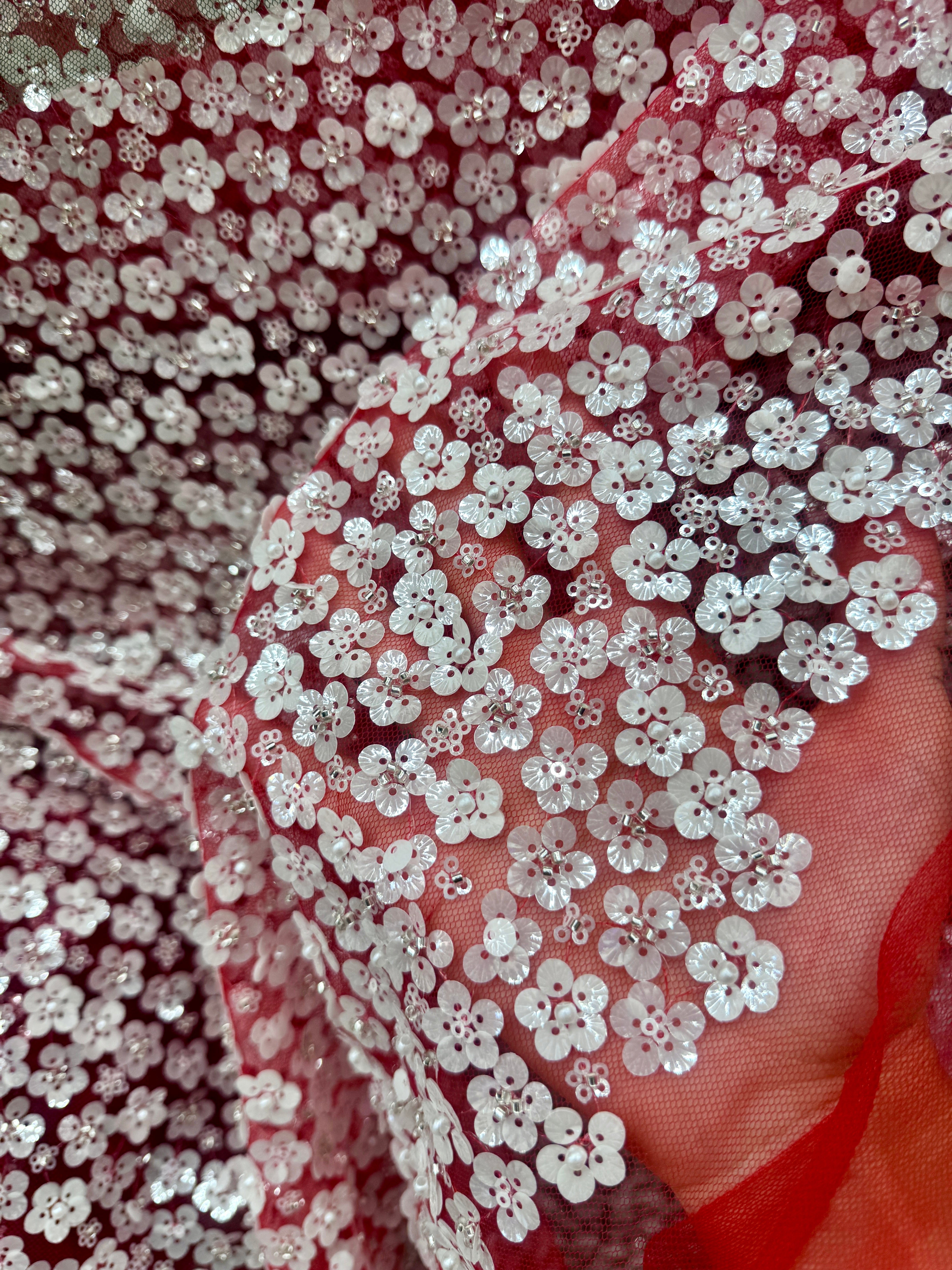 3D White Sequin Flowers on Red Mesh,online textile store, sewing, fabric store, sewing store, cheap fabric store, kiki textiles