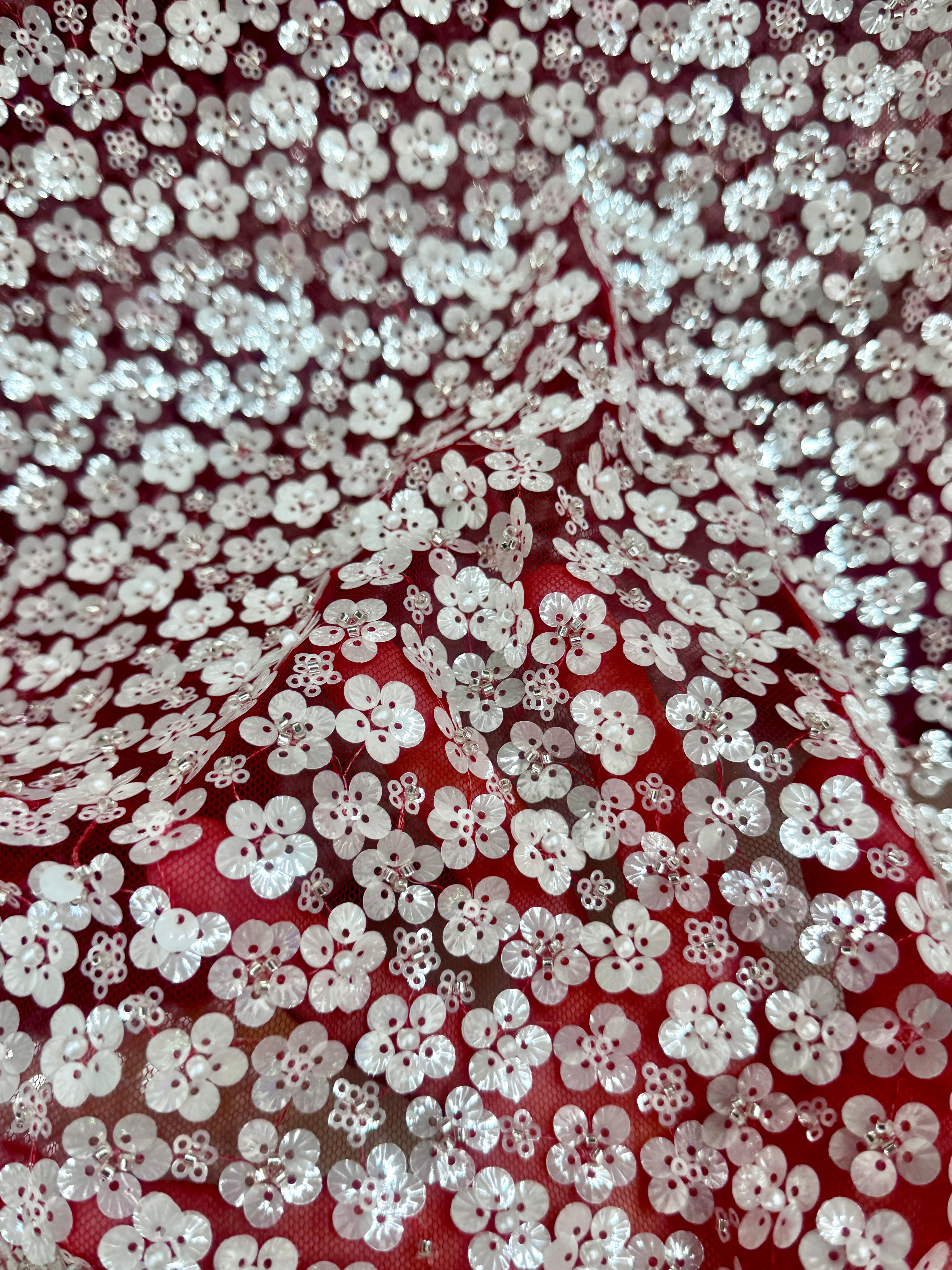 3D White Sequin Flowers on Red Mesh, Red Mesh, nude lace mesh, lace mesh for woman, lace mesh for bride, lace mesh on sale, lace mesh on discount