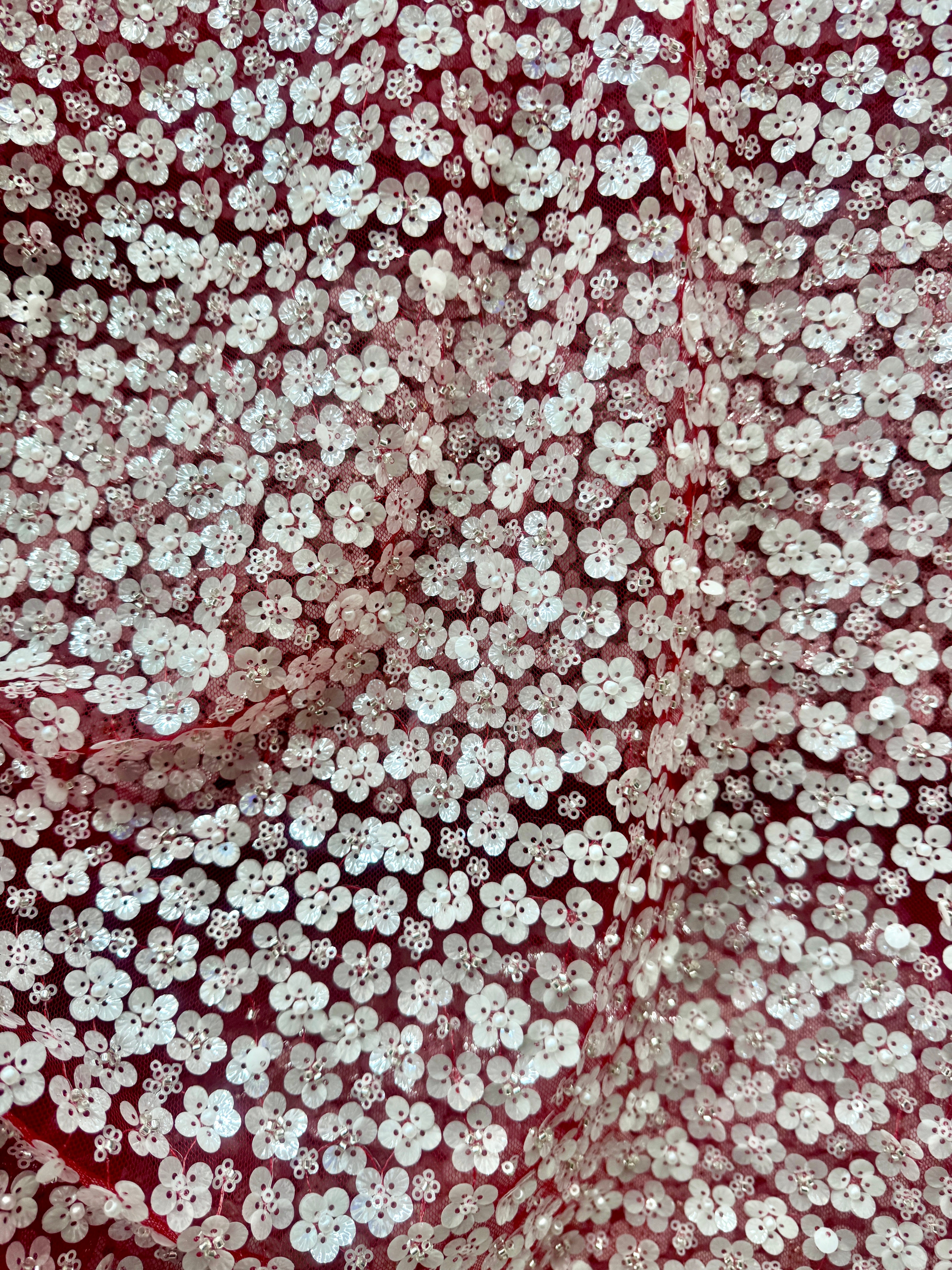 3D White Sequin Flowers on Red Mesh, Red Mesh, nude lace mesh, lace mesh for woman, lace mesh for bride, lace mesh on sale, lace mesh on discount