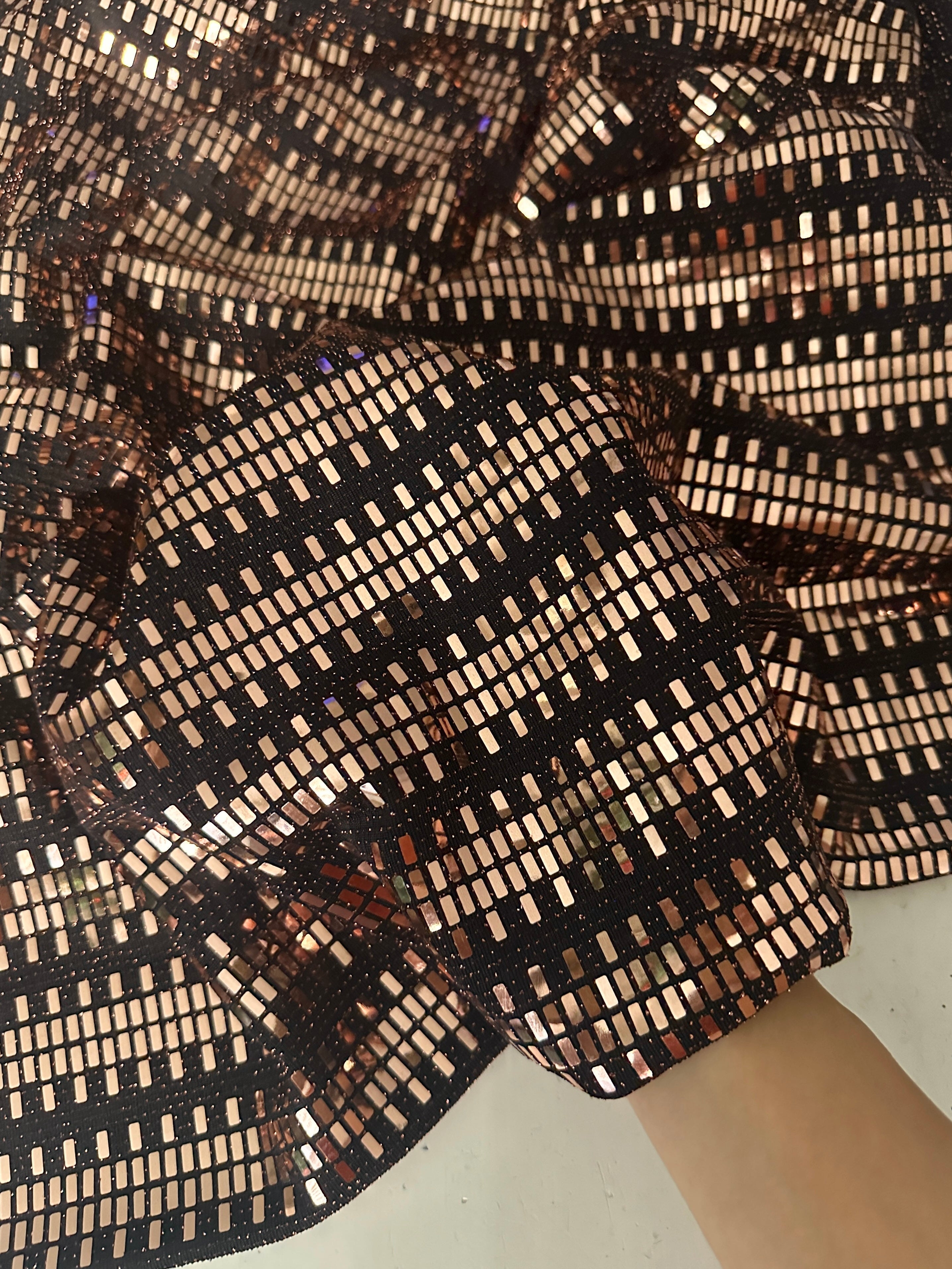 Gold Foiled Mirror Sequins on Knit, gold sequin on knit, rose gold sequin, sequin on knit, mirror sequin on knit, bright gold sequin on knit