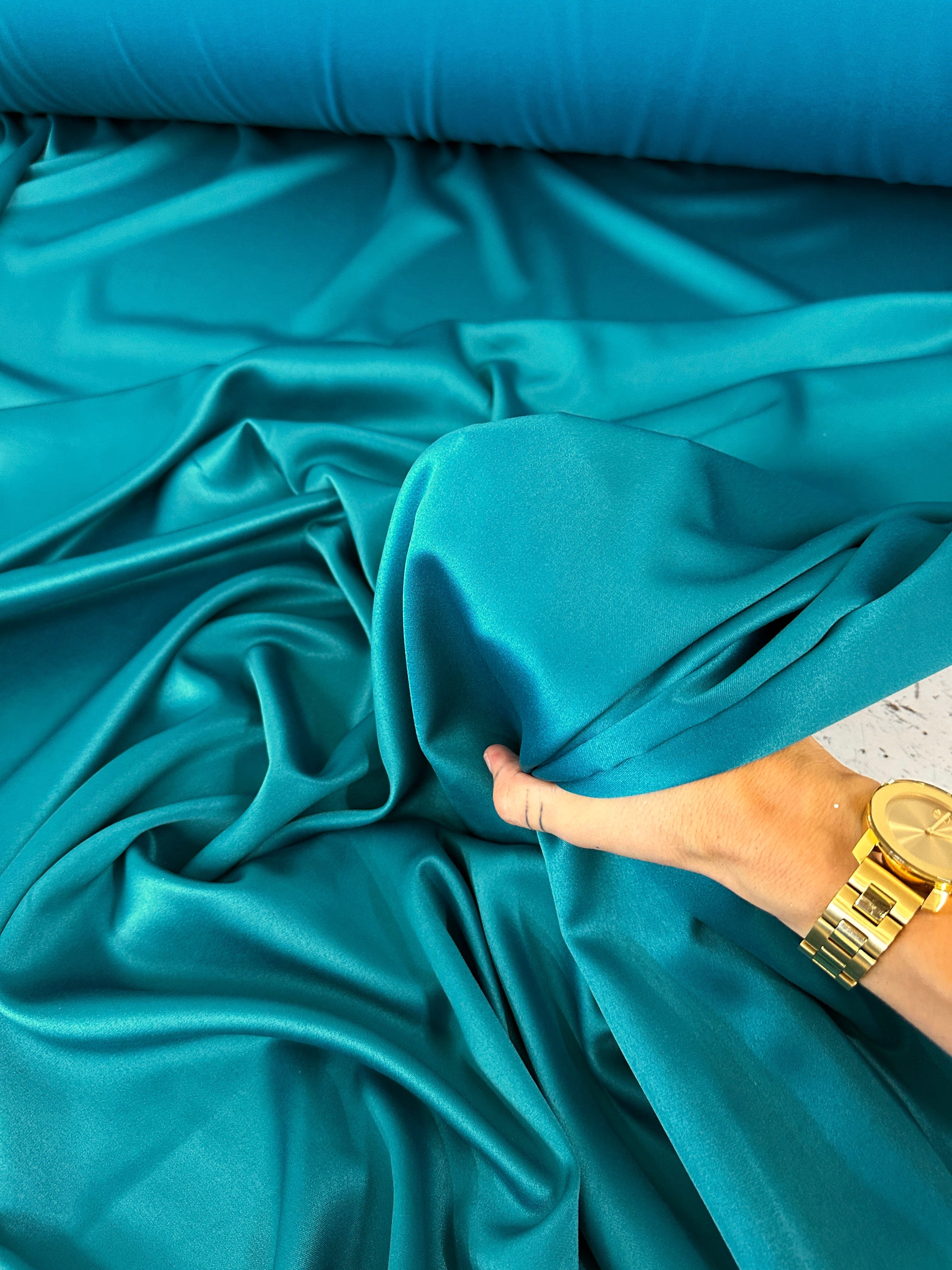 teal green stretch crepe back satin, green stretch crepe back satin, dark green stretch crepe back satin, premium stretch crepe back satin, satin for bride, satin for woman, satin in low price, cheap satin, satin on sale