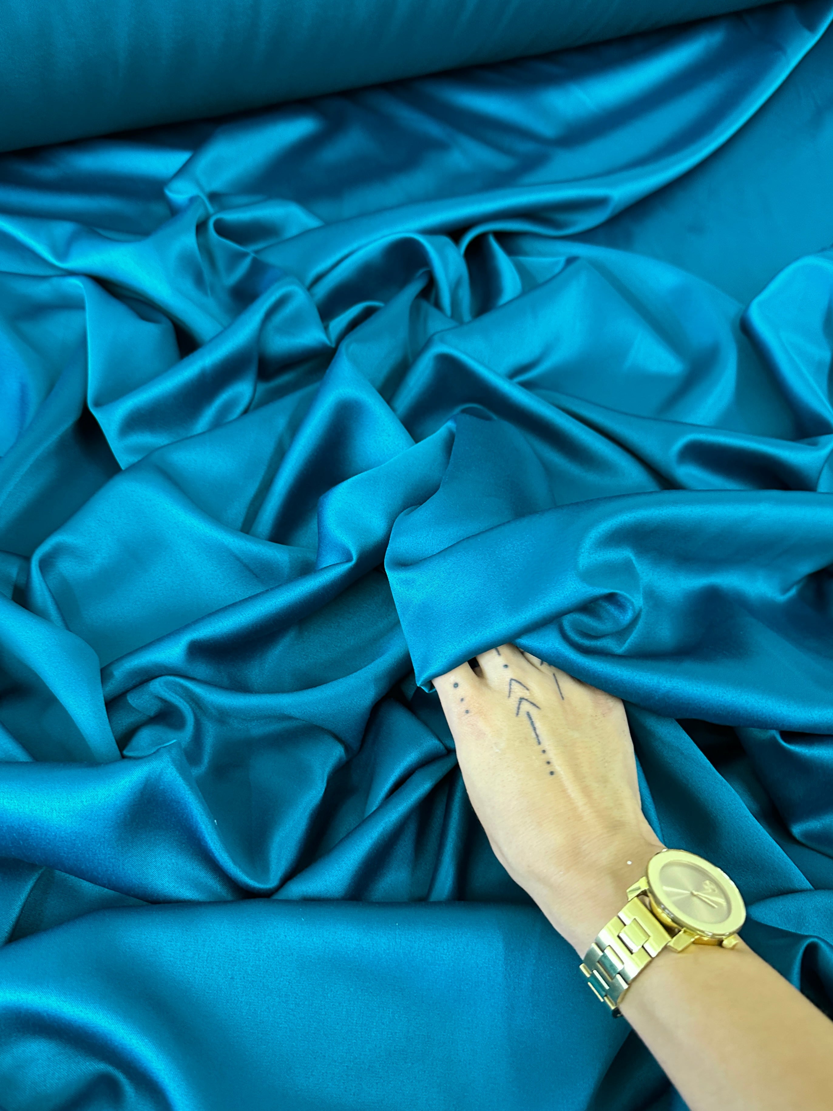 teal blue stretch crepe back satin, blue stretch crepe back satin, dark blue stretch crepe back satin, premium stretch crepe back satin, satin for bride, satin for woman, satin in low price, cheap satin, satin on sale