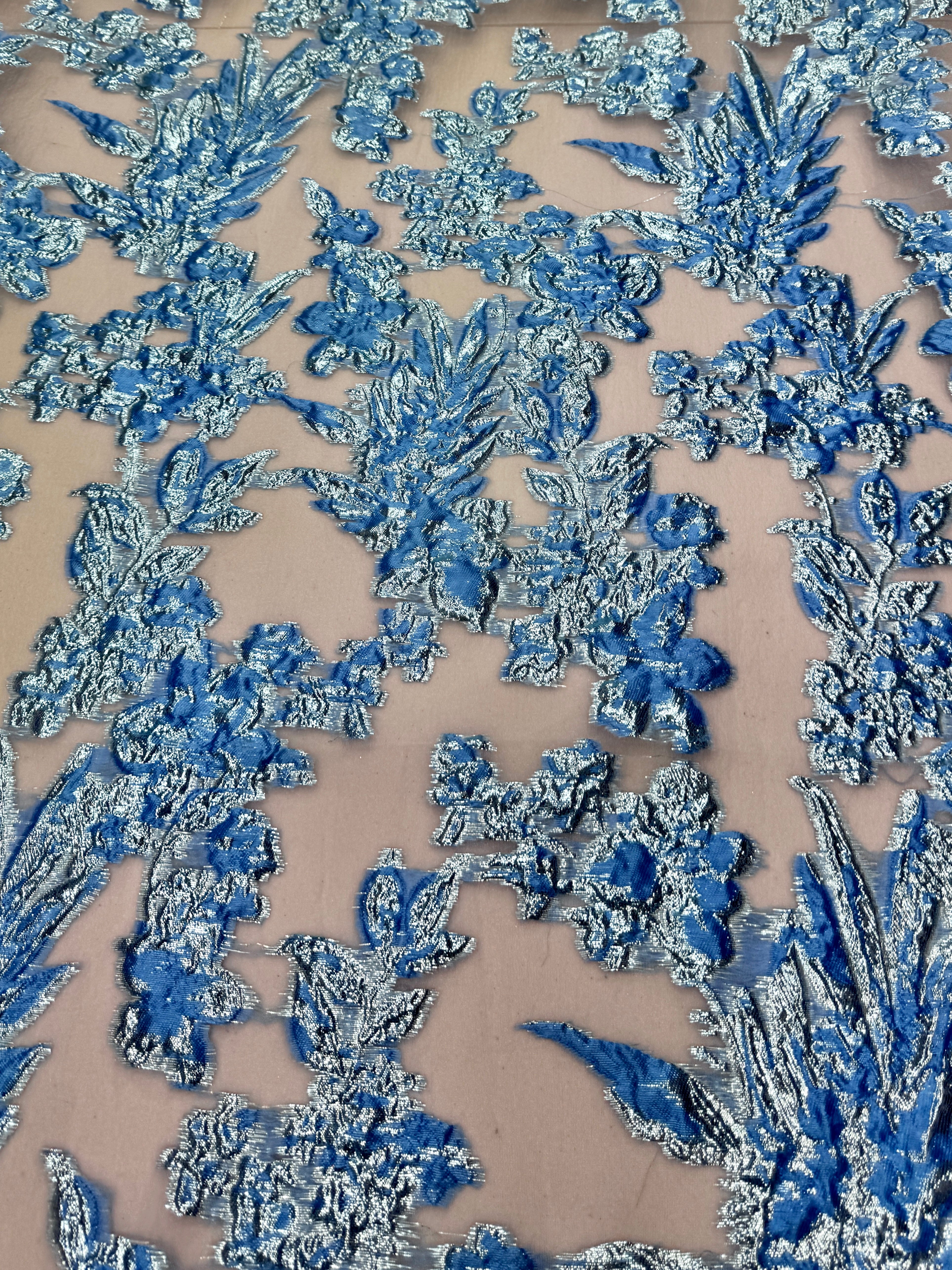 Baby Blue Organza Burnout Brocade, Baby Blue Organza, Blue brocade for woman, shiny organza for bride, premium organza, organza in low price, organza for party wear, organza for gown