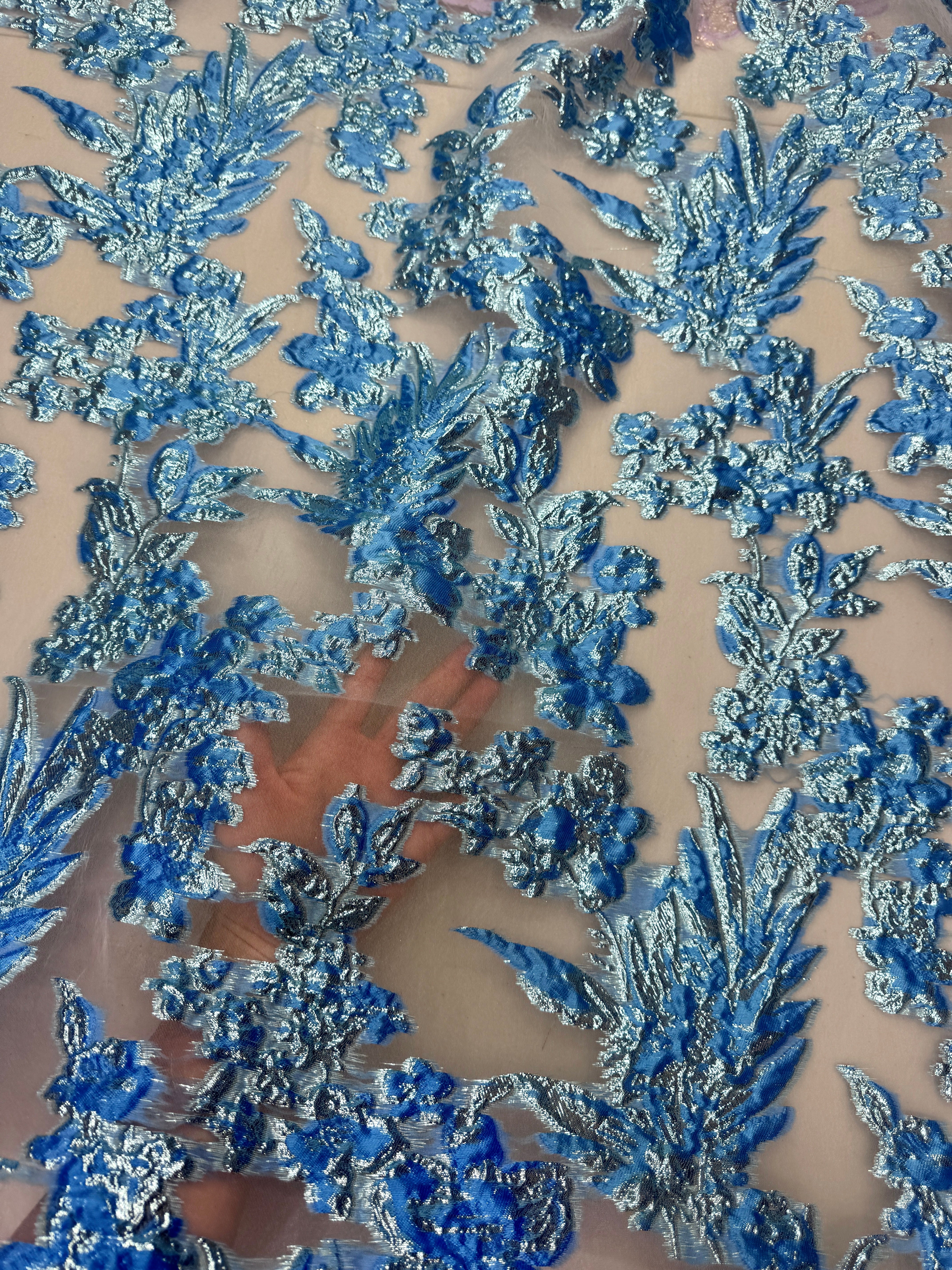 Baby Blue Organza Burnout Brocade, Baby Blue Organza, Blue brocade for woman, shiny organza for bride, premium organza, organza in low price, organza for party wear, organza for gown
