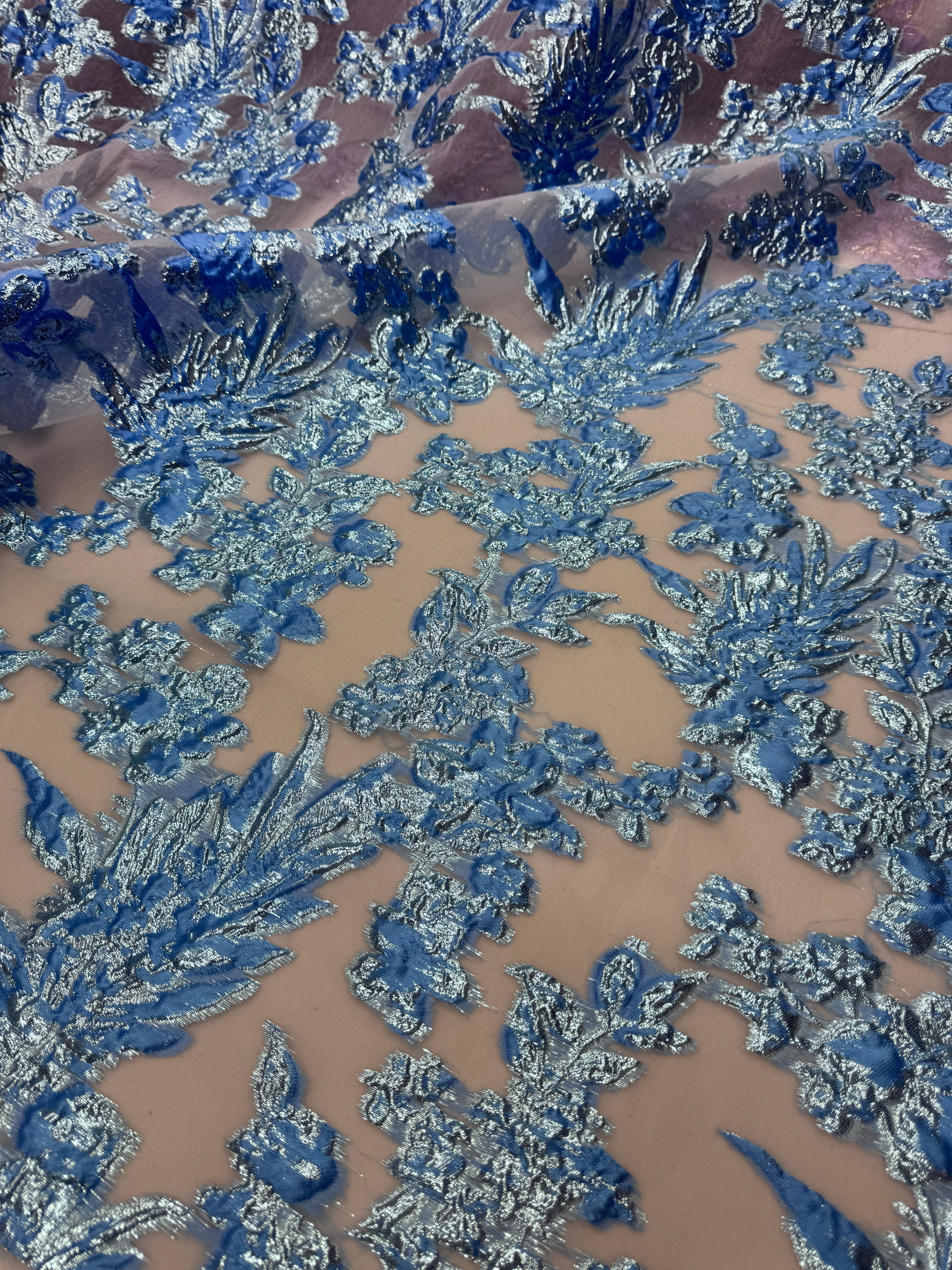 Baby Blue Organza Burnout Brocade, Baby Blue Organza, Blue brocade for woman, shiny organza for bride, premium organza, organza in low price, organza for party wear, organza for gown