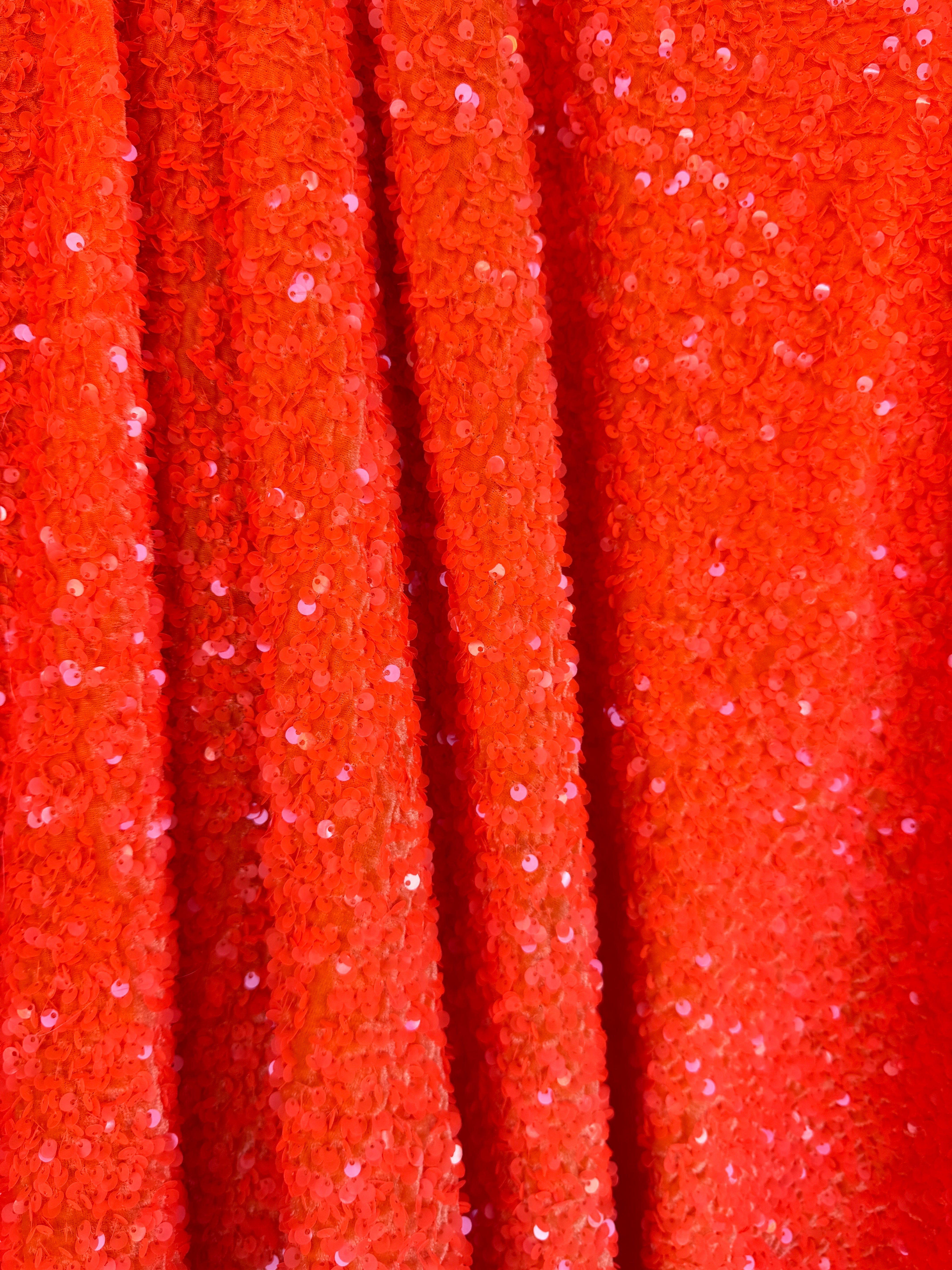 Neon Orange Sequin on Velvet, online textile store, sewing, fabric store, sewing store, cheap fabric store, kiki textiles